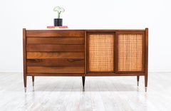 Mid-Century Modern Credenza with Travertine Top & Cane Doors by American of Mart