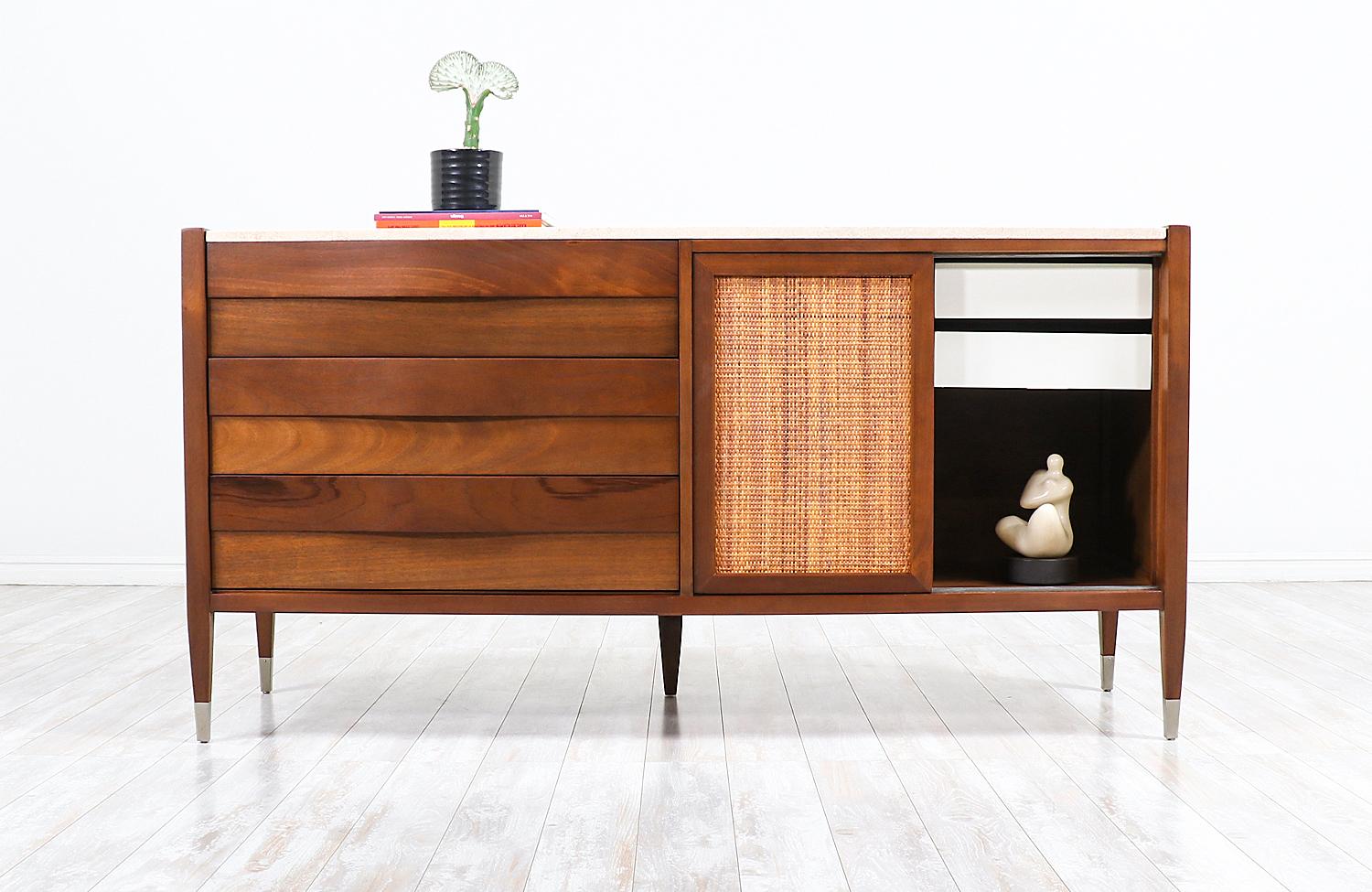 Mid-Century Modern Credenza with Travertine Top & Cane Doors by American of Mart In Excellent Condition In Los Angeles, CA