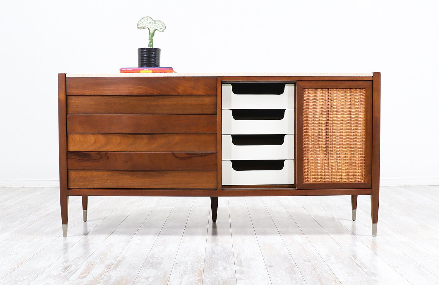 Mid-20th Century Mid-Century Modern Credenza with Travertine Top & Cane Doors by American of Mart
