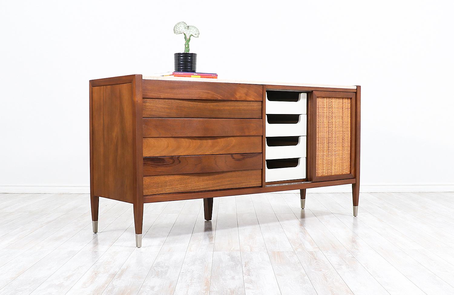 Chrome Mid-Century Modern Credenza with Travertine Top & Cane Doors by American of Mart