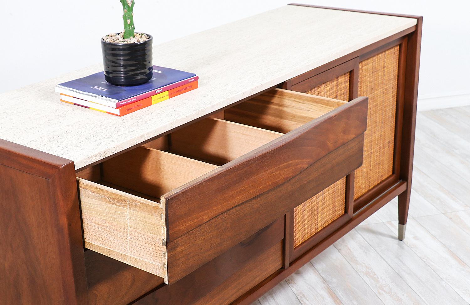 Mid-Century Modern Credenza with Travertine Top & Cane Doors by American of Mart 2