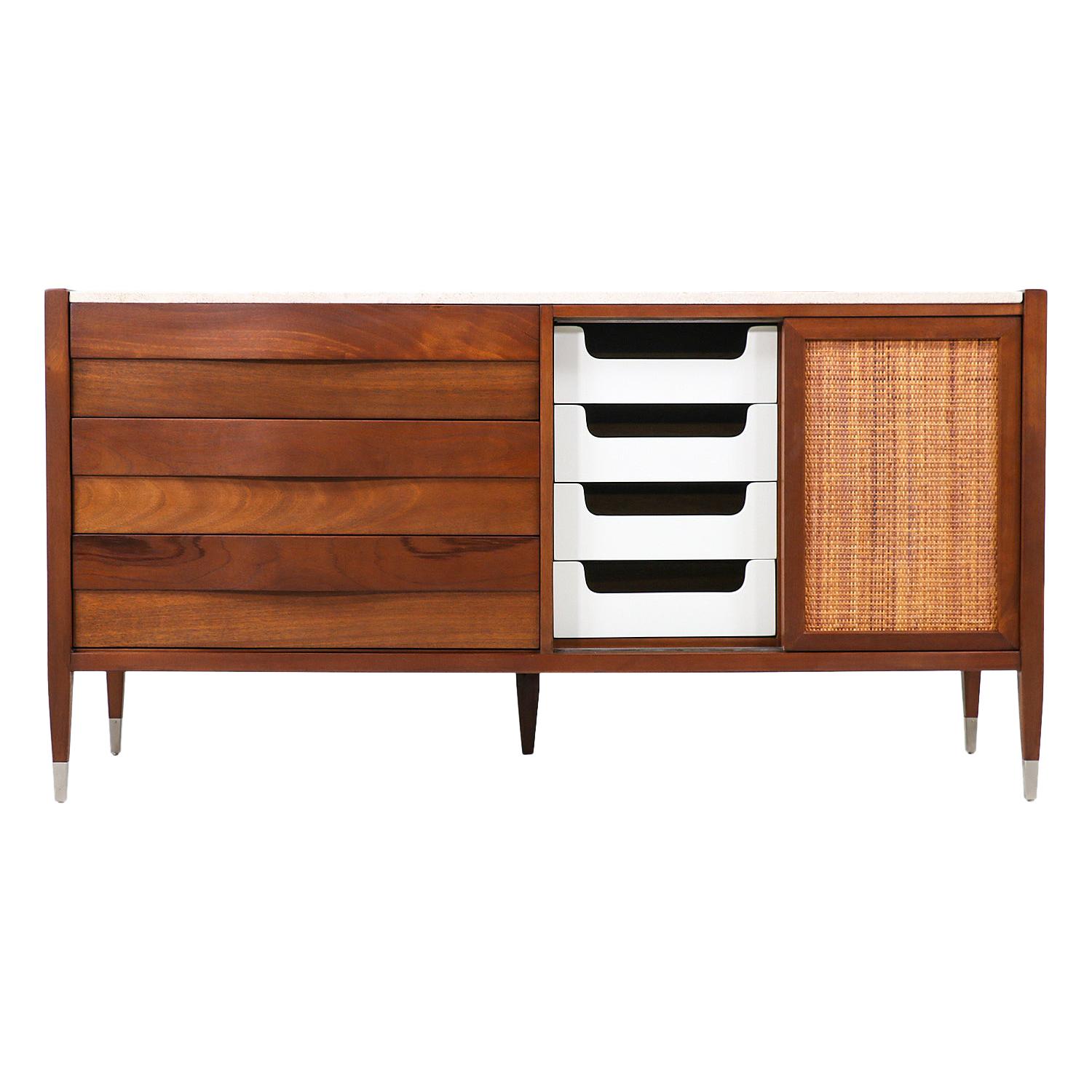 Mid-Century Modern Walnut and Brass Credenza with Travertine Top at 1stDibs