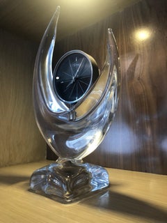 Mid-Century Modern Crescent Moon Shaped Crystal French Clock by Daum