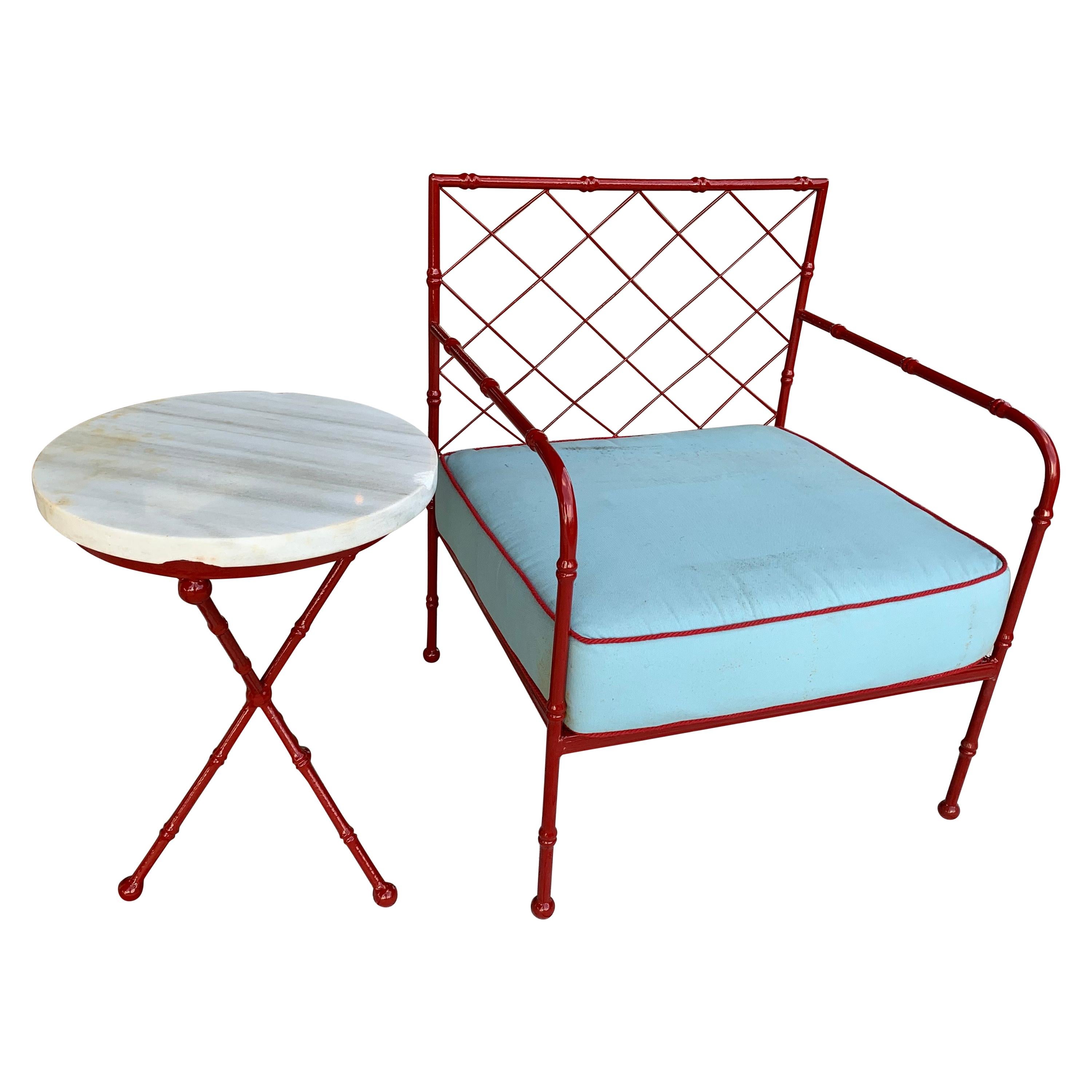 French Mid-Century Modern Armchair and Sidetable w/ Lattice Design