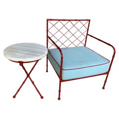 French Mid-Century Modern Armchair and Sidetable w/ Lattice Design