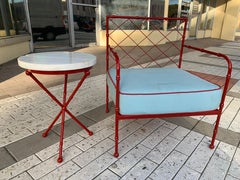 French Mid-Century Modern Armchair and Sidetable w/ Lattice Design