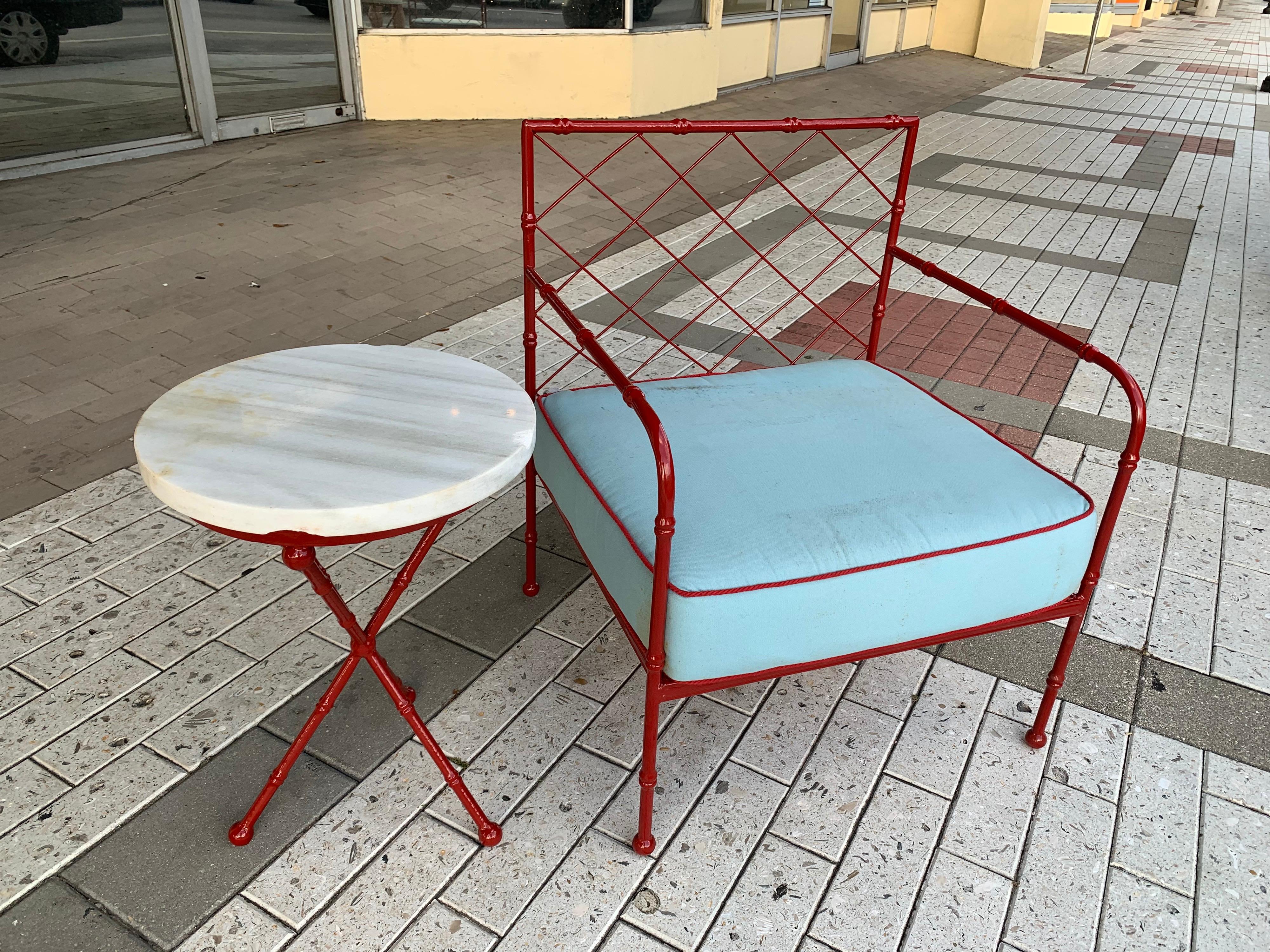 Powder-Coated French Mid-Century Modern Armchair and Sidetable w/ Lattice Design