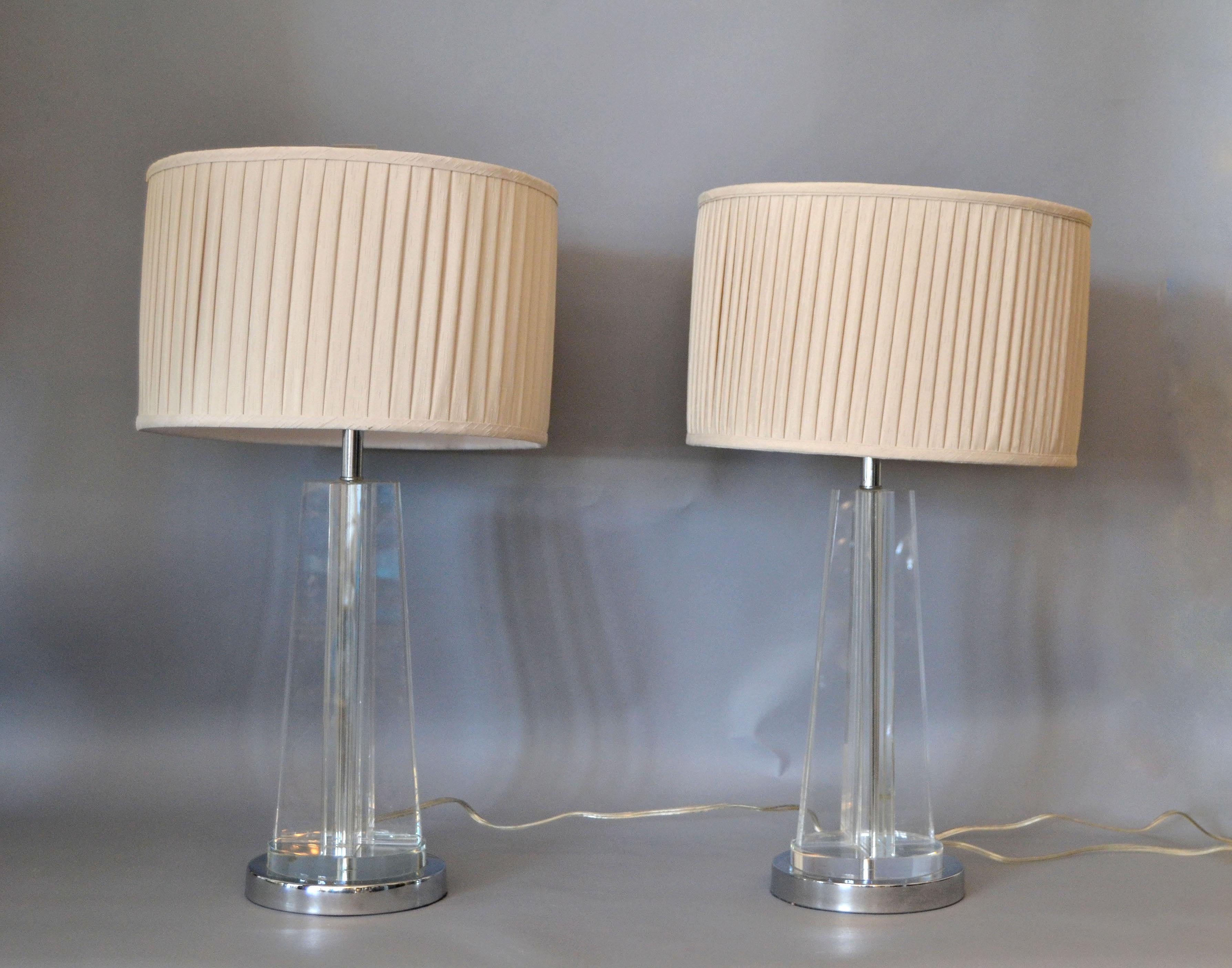 Heavy Mid-Century Modern Cross Crystal & Chrome Table Lamps, Pair 4