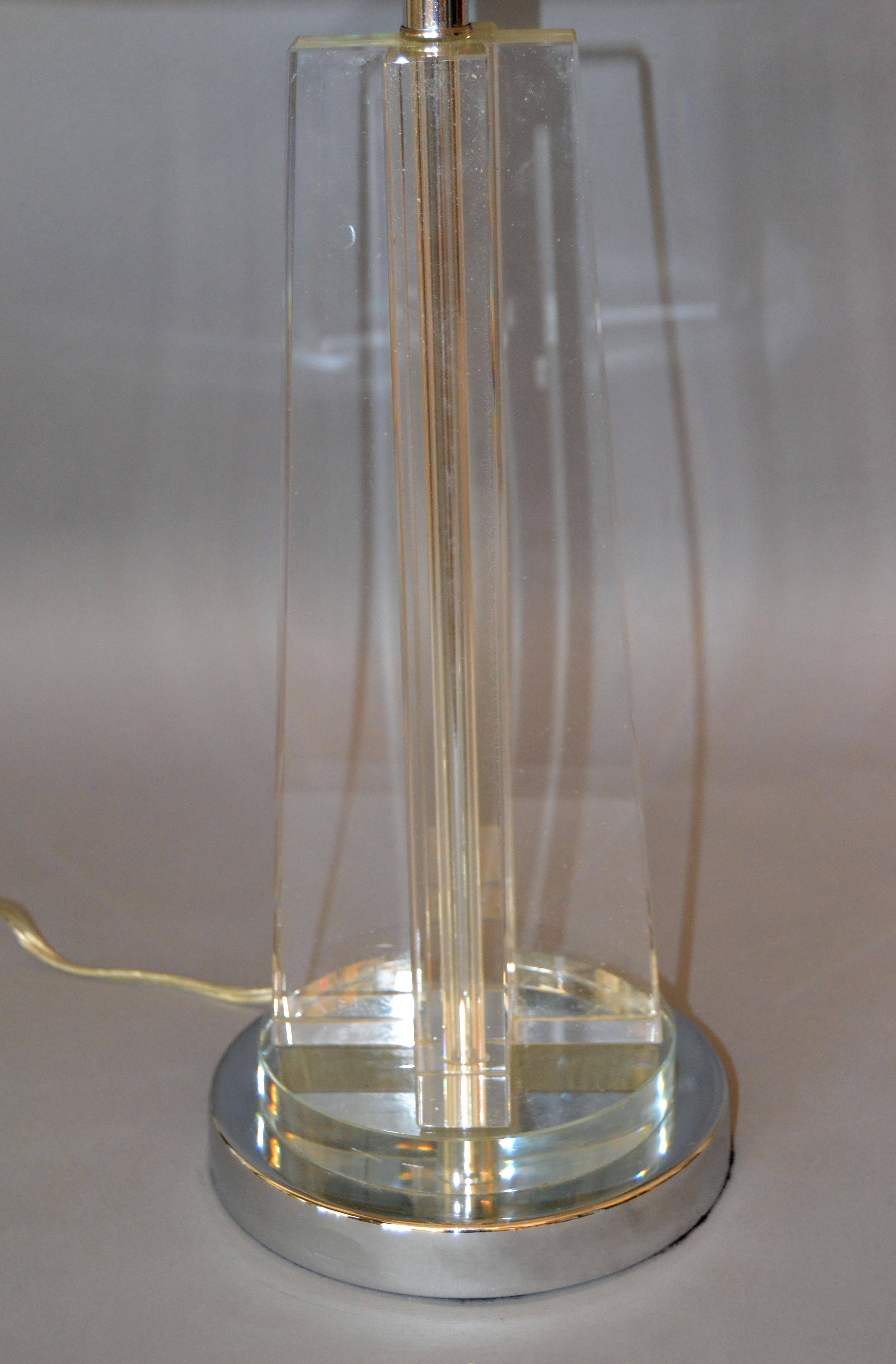 American Heavy Mid-Century Modern Cross Crystal & Chrome Table Lamps, Pair