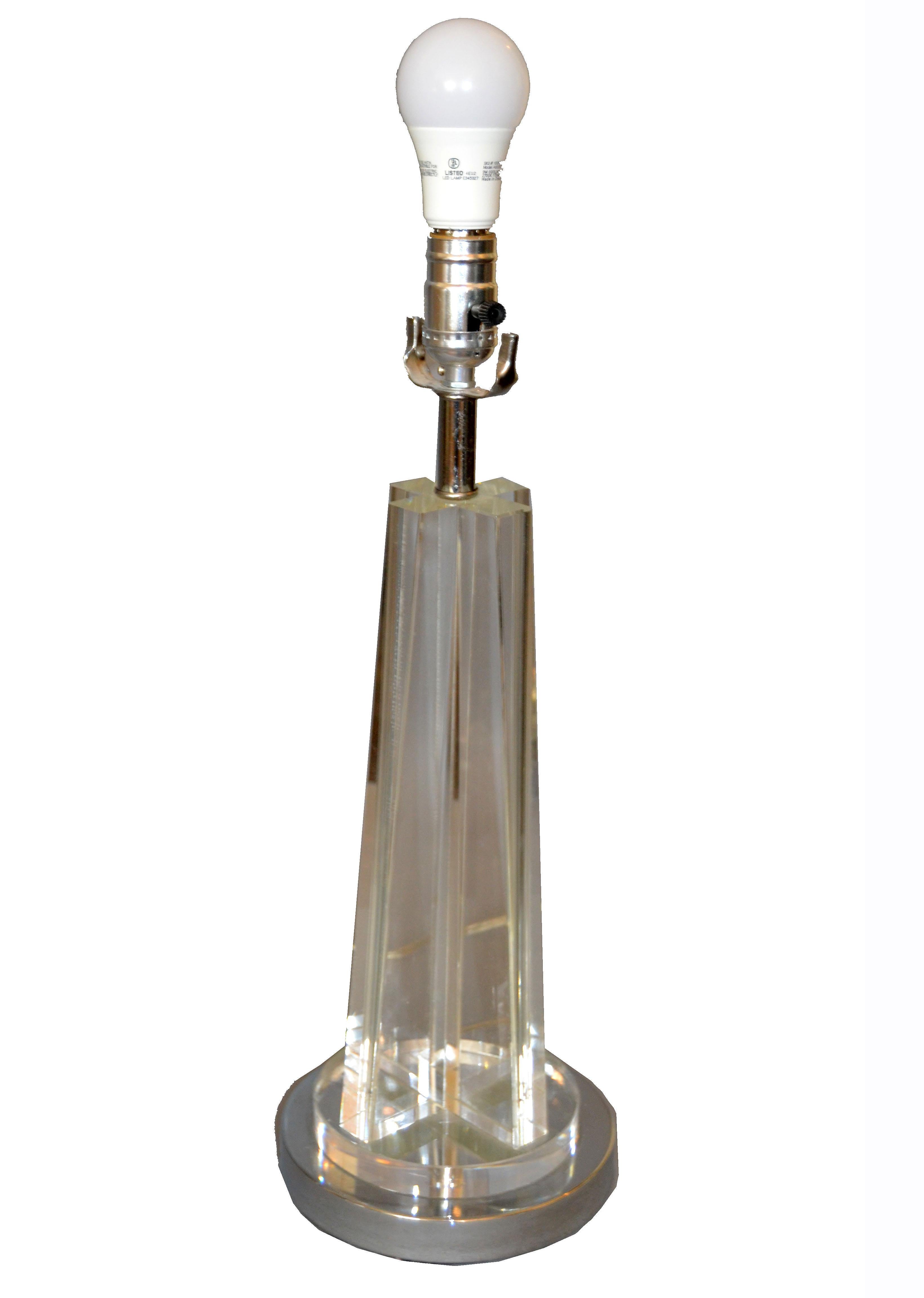 Hand-Crafted Heavy Mid-Century Modern Cross Crystal & Chrome Table Lamps, Pair