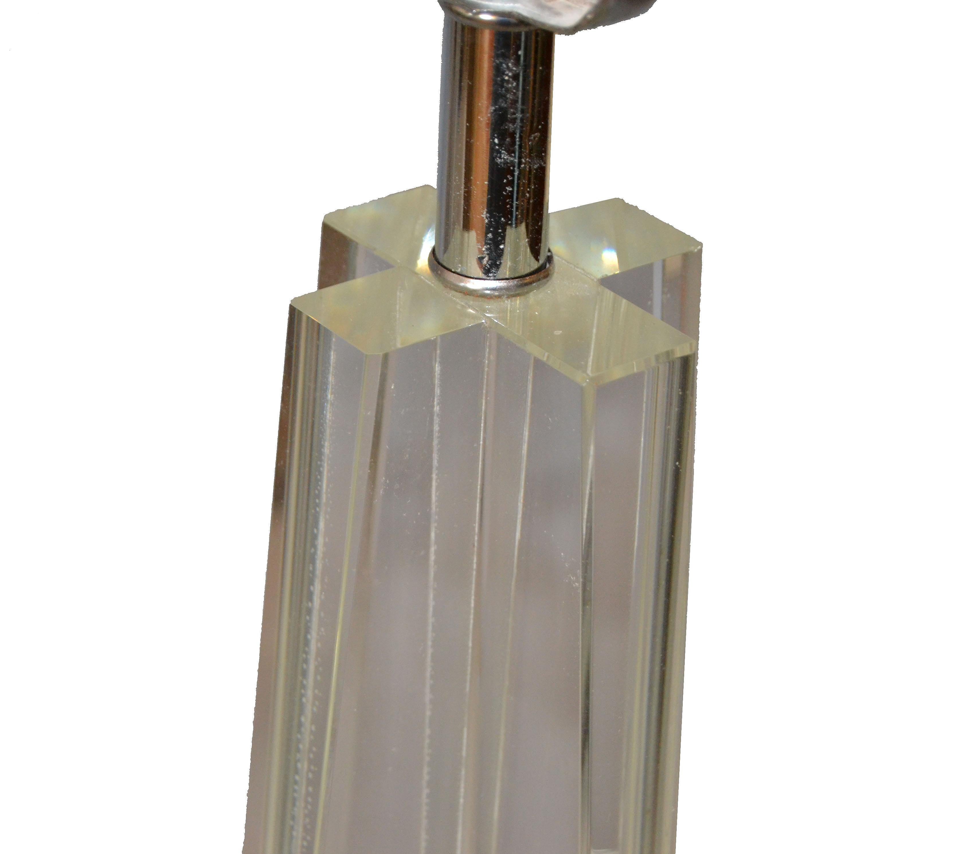 Heavy Mid-Century Modern Cross Crystal & Chrome Table Lamps, Pair In Good Condition In Miami, FL