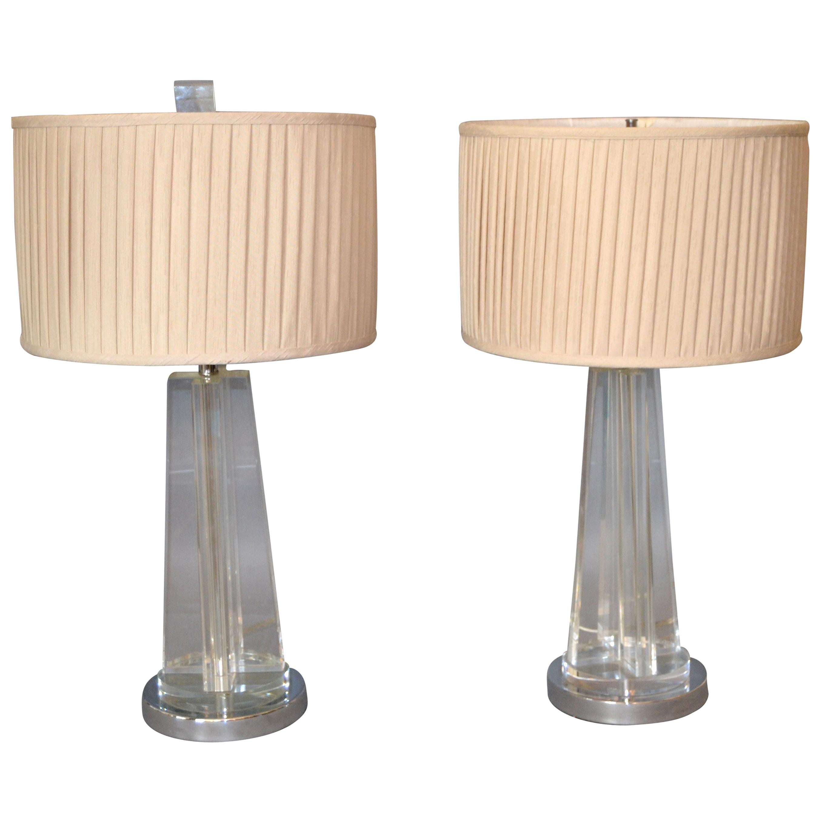 Mid-Century Modern Cross Crystal & Chrome Table Lamps with Plisse Shades, Pair