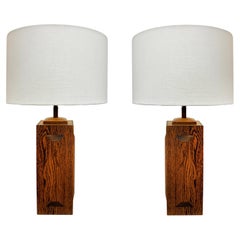 Mid-century Modern Cross Cut Oak Wood Table Lamps, Pair
