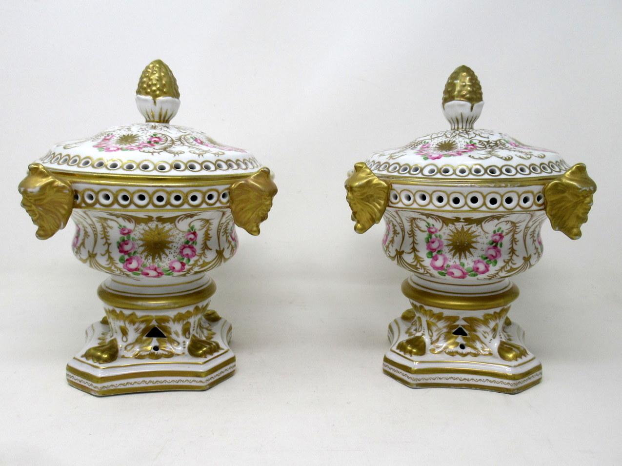 Wonderful identical pair of early English hand painted royal crown derby style lidded urns of generous proportions, possibly used for purpose as Pot Pourri or Pastile Burners of traditional form. Mid Twentieth Century, probably made in Staffordshire