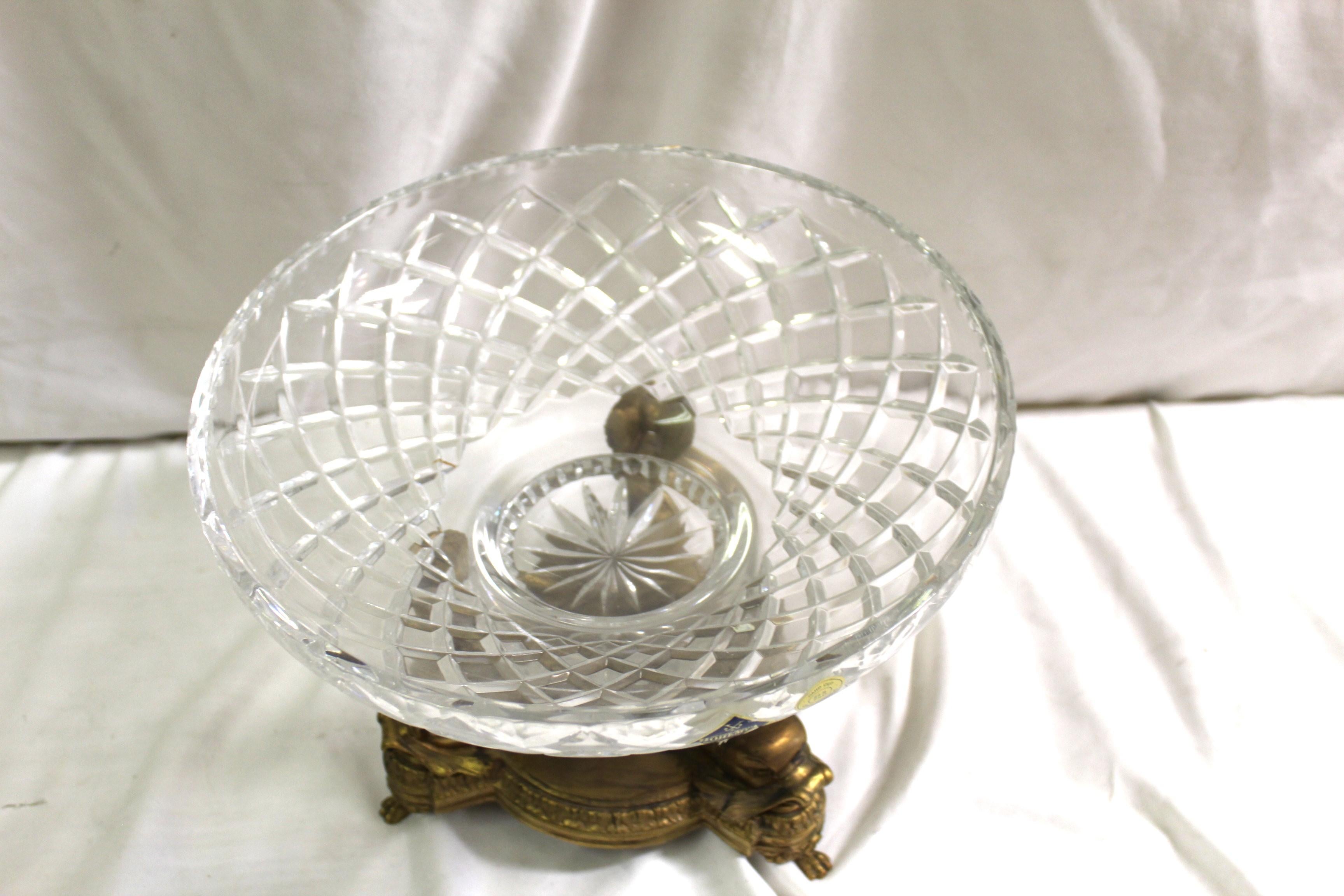 Art Nouveau Mid Century /Modern Crystal bowl with Trippel Dolphin base , Gold dore' finish For Sale