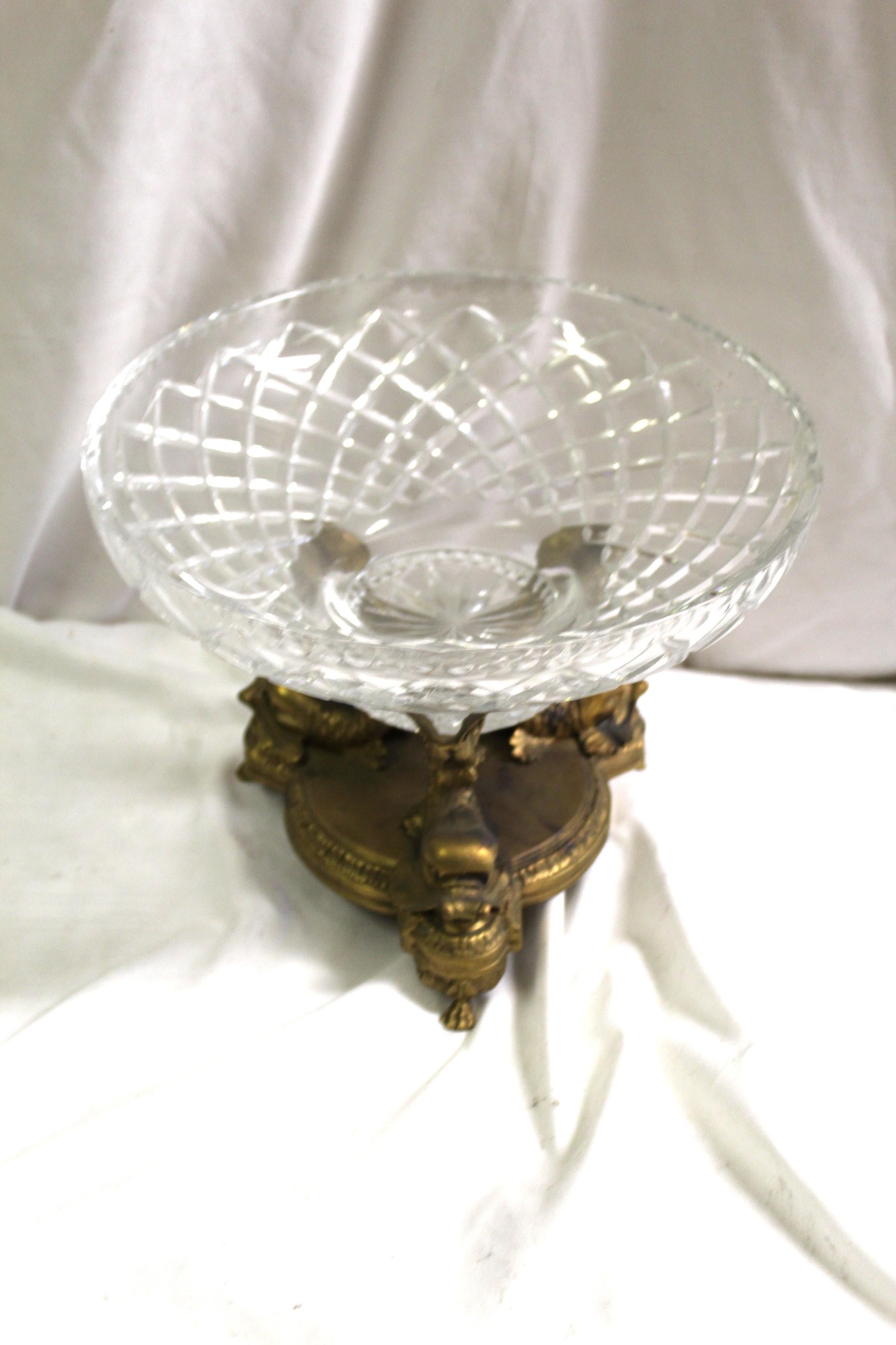 Bronze Mid Century /Modern Crystal bowl with Trippel Dolphin base , Gold dore' finish For Sale