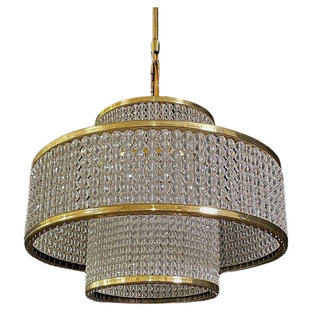 Mid-Century Modern Crystal & Brass Tier Chandelier