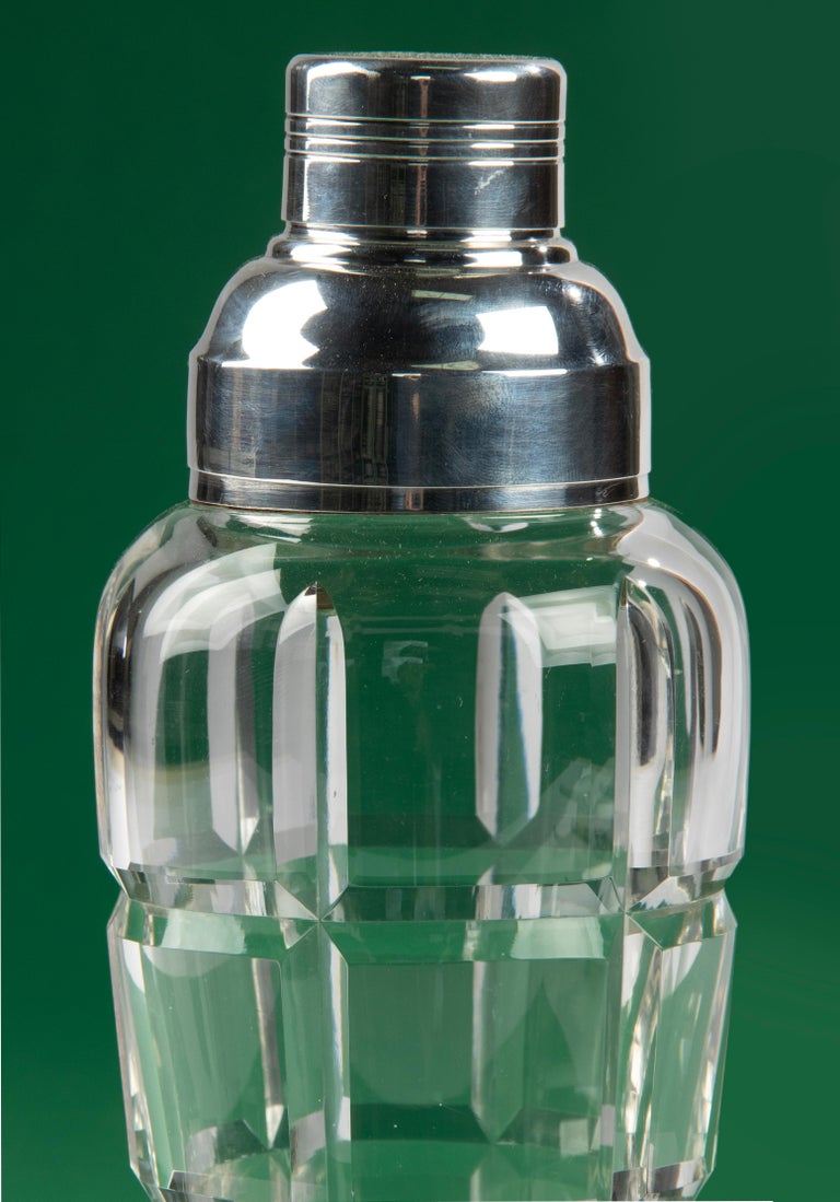MidCentury Modern Crystal Cocktail Shaker with Silver Plated Top