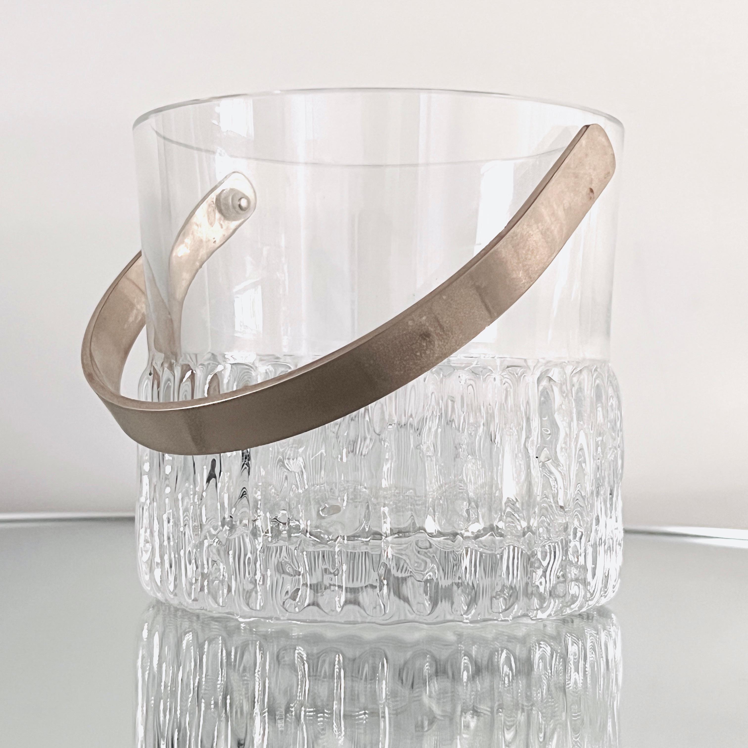 Brushed Mid-Century Modern Crystal Ice Bucket with Textured Glass, France, c. 1970s For Sale