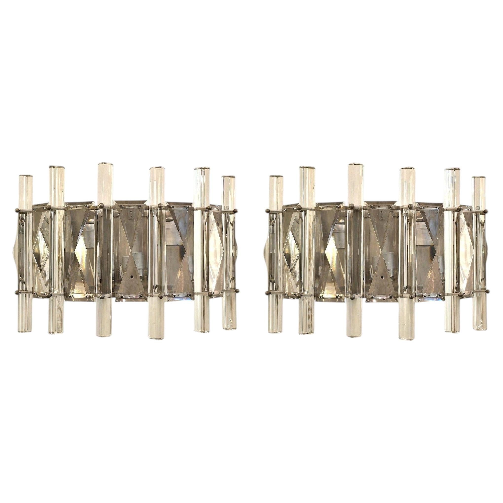 Mid-Century Modern Crystal Pair of Sconces, Chrome, French, 1970s
