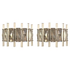 Mid-Century Modern Crystal Pair of Sconces, Chrome, French, 1970s