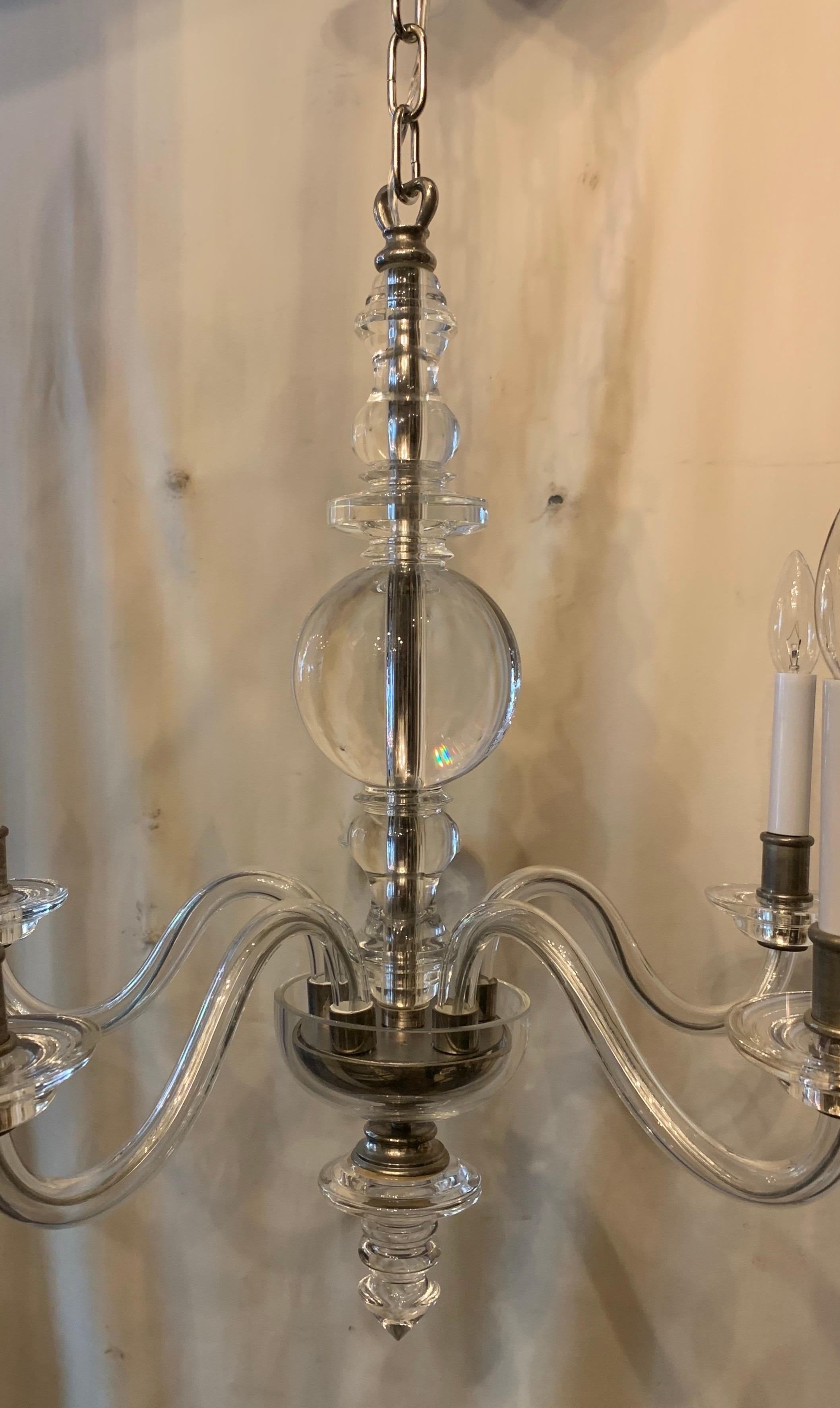 French Mid-Century Modern Crystal Polished Nickel 5-Light Fixture Petite Chandelier