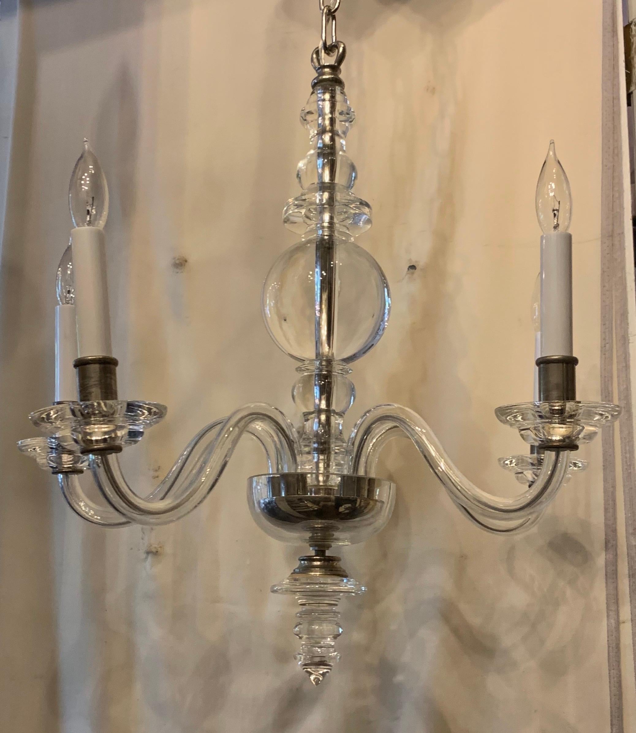 Cristal Mid-Century Modern Crystal Polished Nickel 5-Light Fixture Petite Chandelier en vente