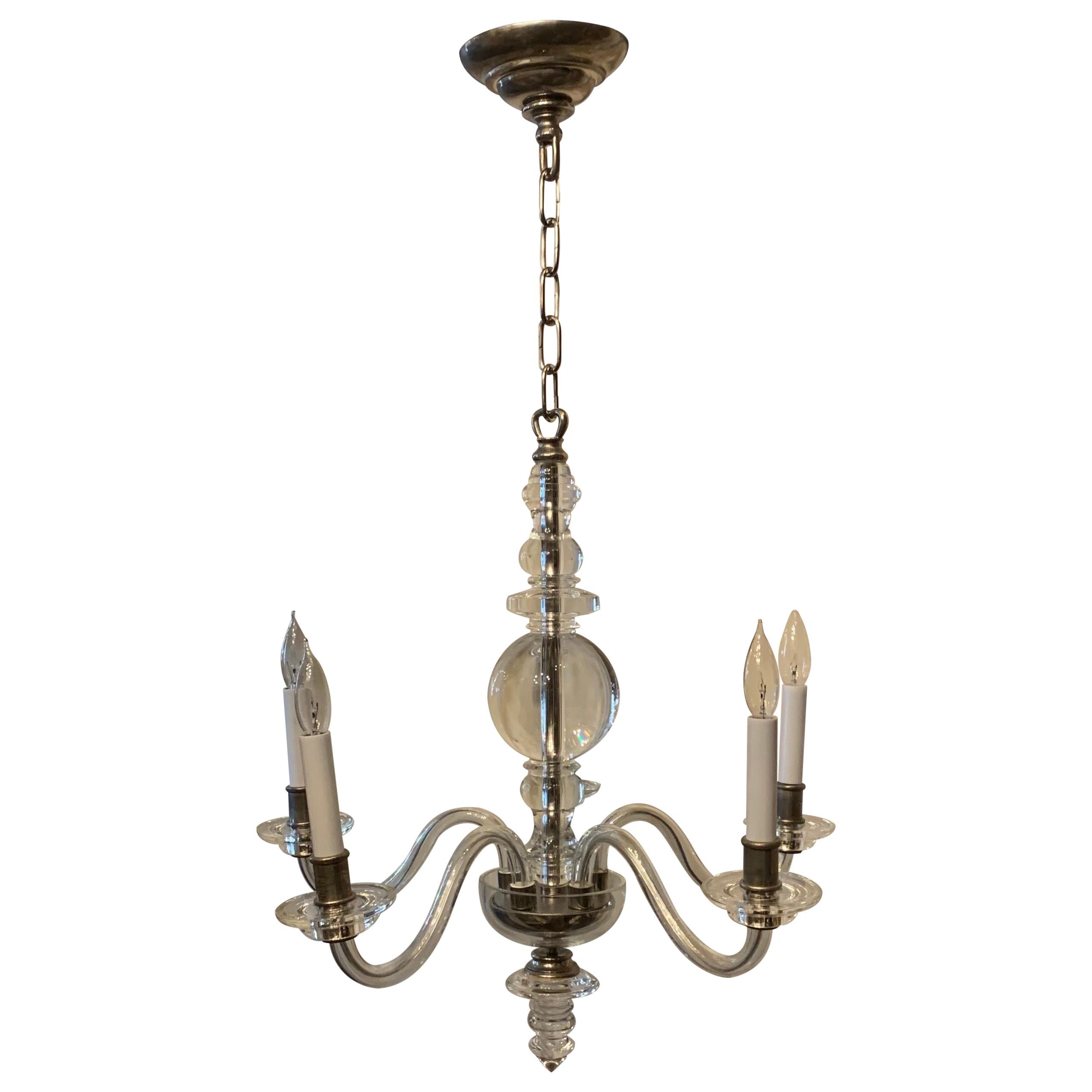 Mid-Century Modern Crystal Polished Nickel 5-Light Fixture Petite Chandelier en vente