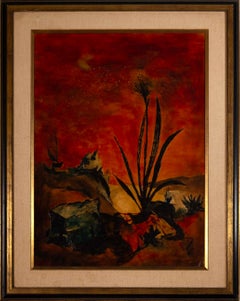 Pintura al óleo sobre lienzo Paisaje abstracto firmado con cristal moderno de mediados de siglo