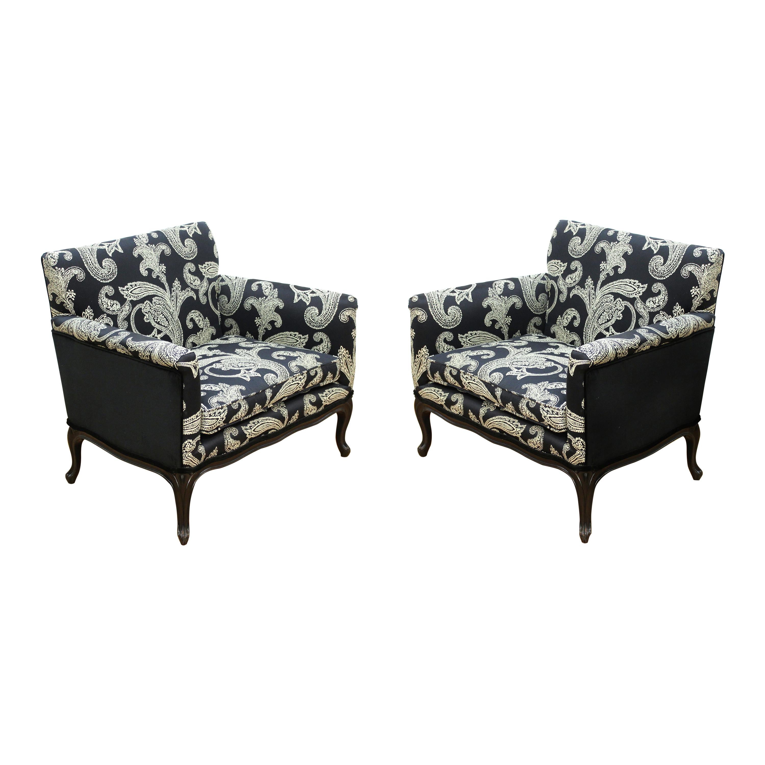 Mid-Century Modern Cube Armchairs in Ralph Lauren Paisley Fabric Upholstery