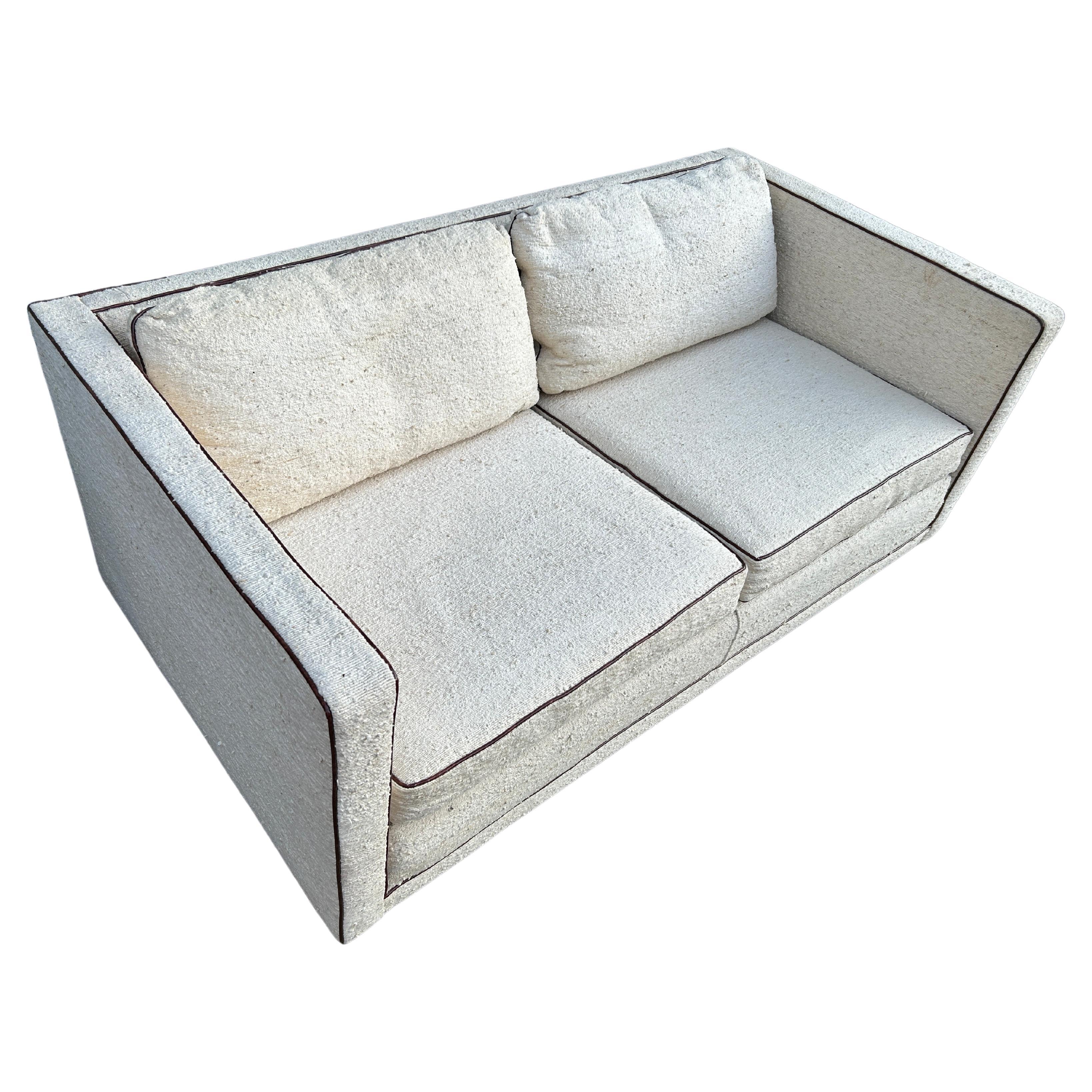 American Mid-Century Modern Cube Loveseat Sofa in off White Nubby Linen