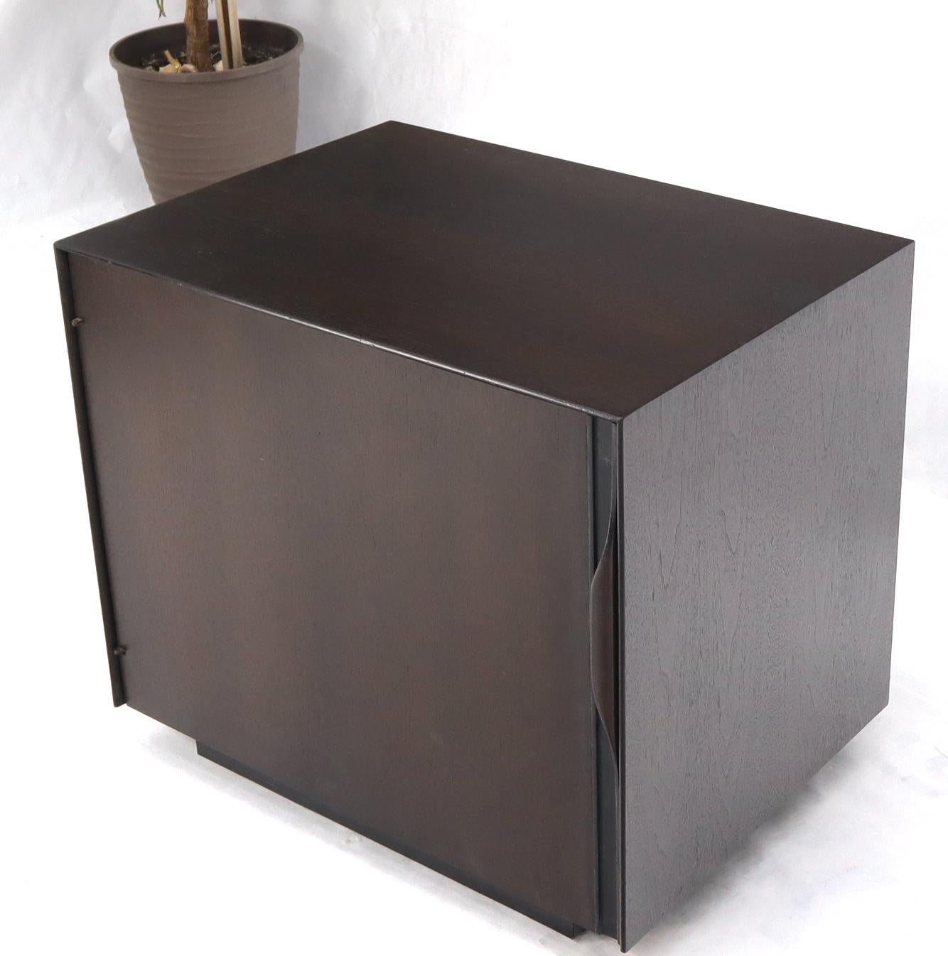 Mid-Century Modern espresso finish cube shape compact liquor cabinet with white laminate pull out tray by John Stuart.