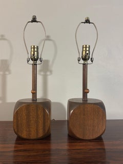 Mid Century Modern Cube Wood Table Lamps, a Pair