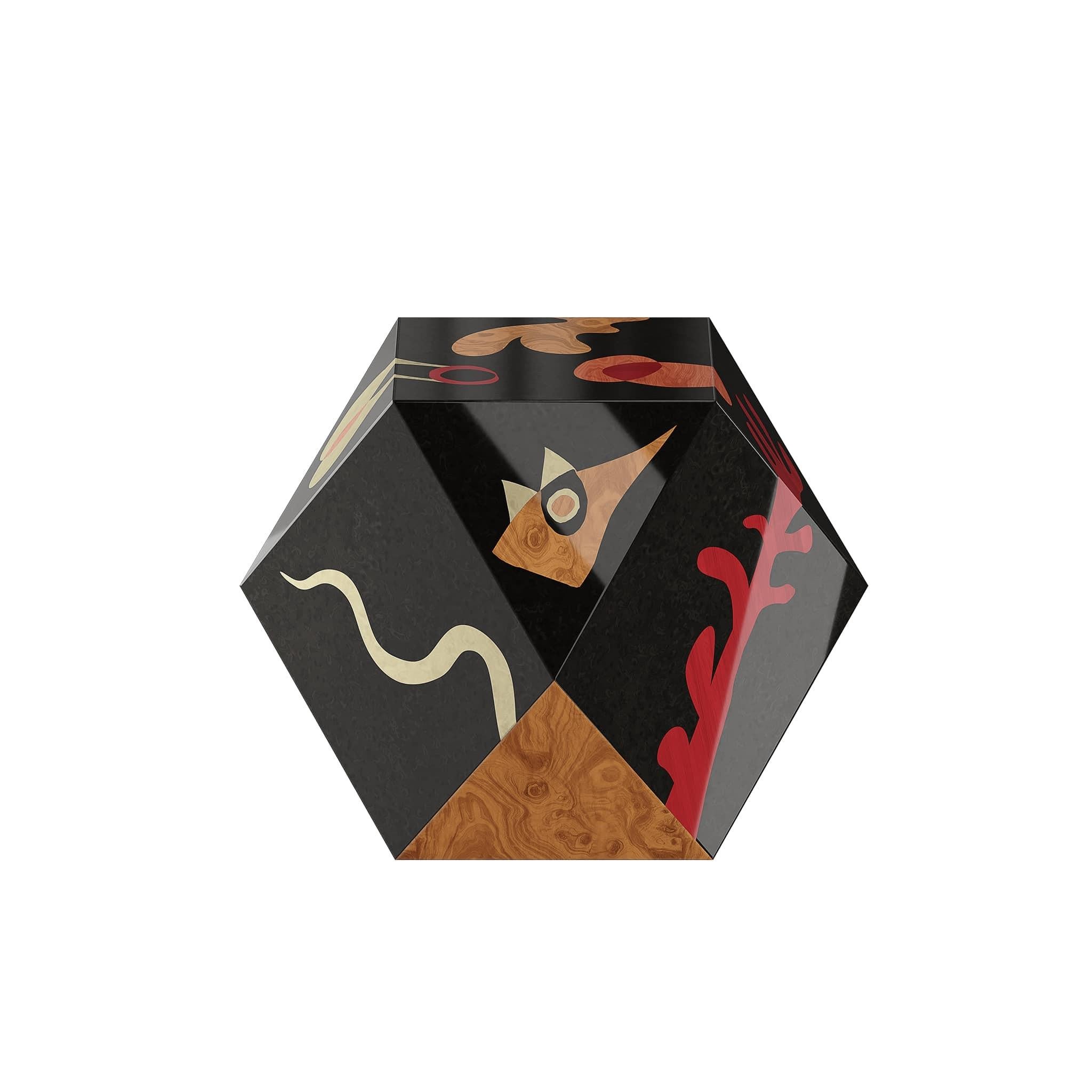 Modern Contemporary Cubic Shape Side Table Abstract Figures Black Wood Marquetry For Sale