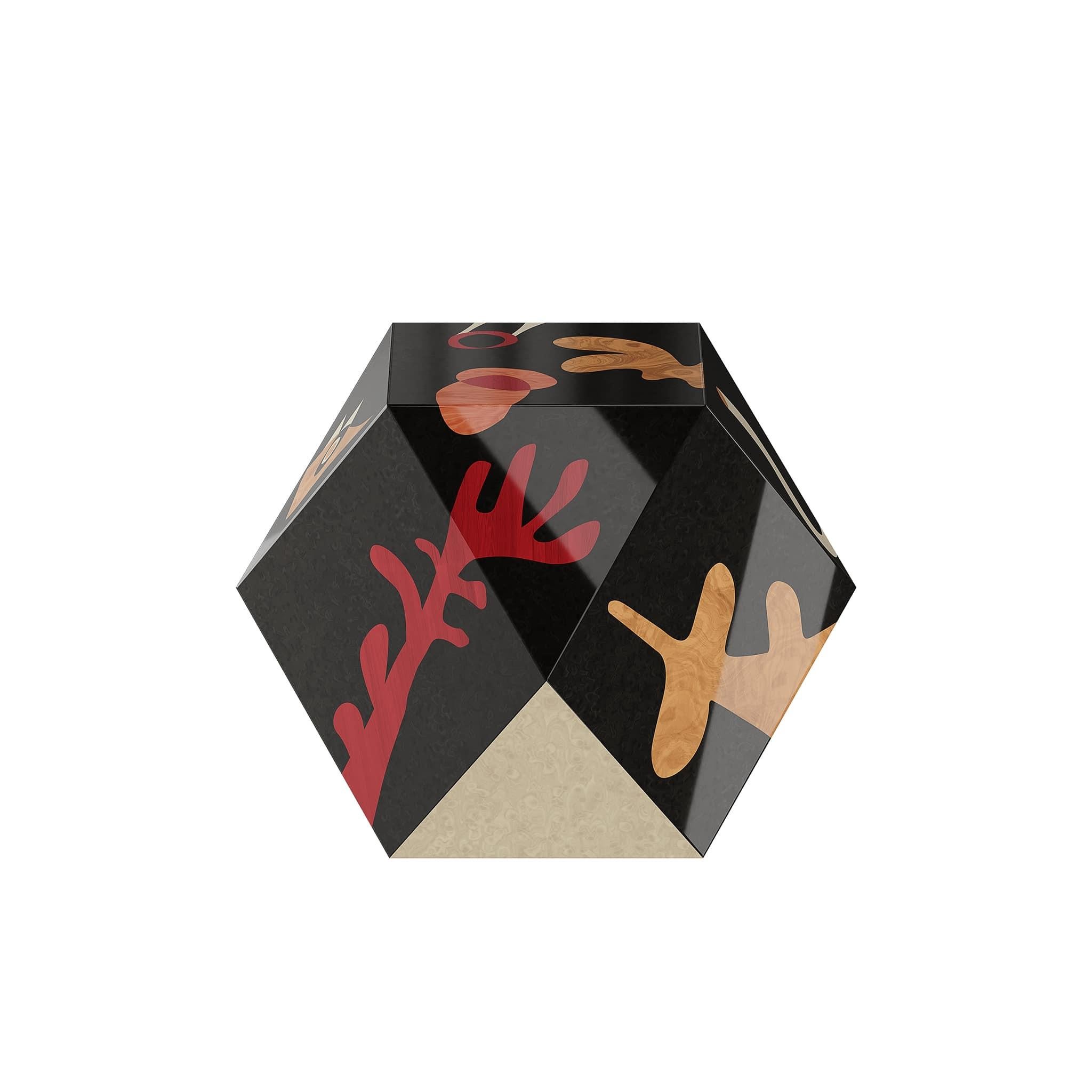Portuguese Contemporary Cubic Shape Side Table Abstract Figures Black Wood Marquetry For Sale