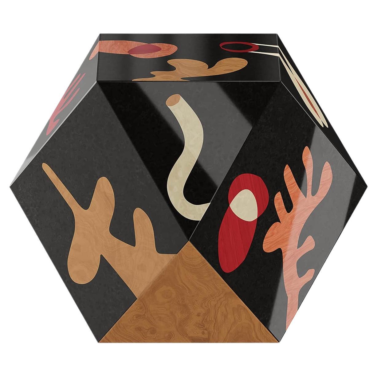 Contemporary Cubic Shape Side Table Abstract Figures Black Wood Marquetry