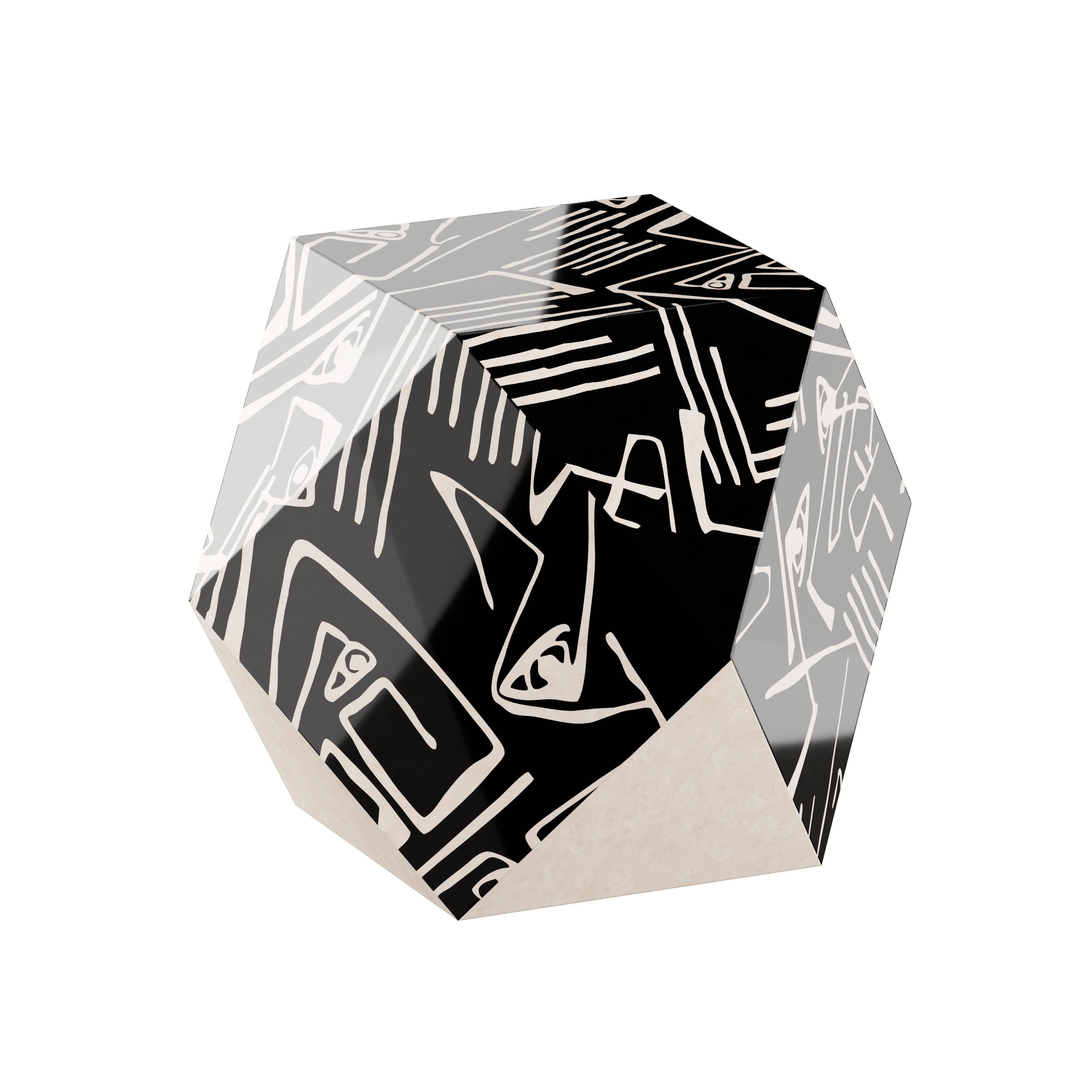 Portuguese Modern Cubic Shape Side Table Abstract Pattern Black & White Wood Marquetry For Sale