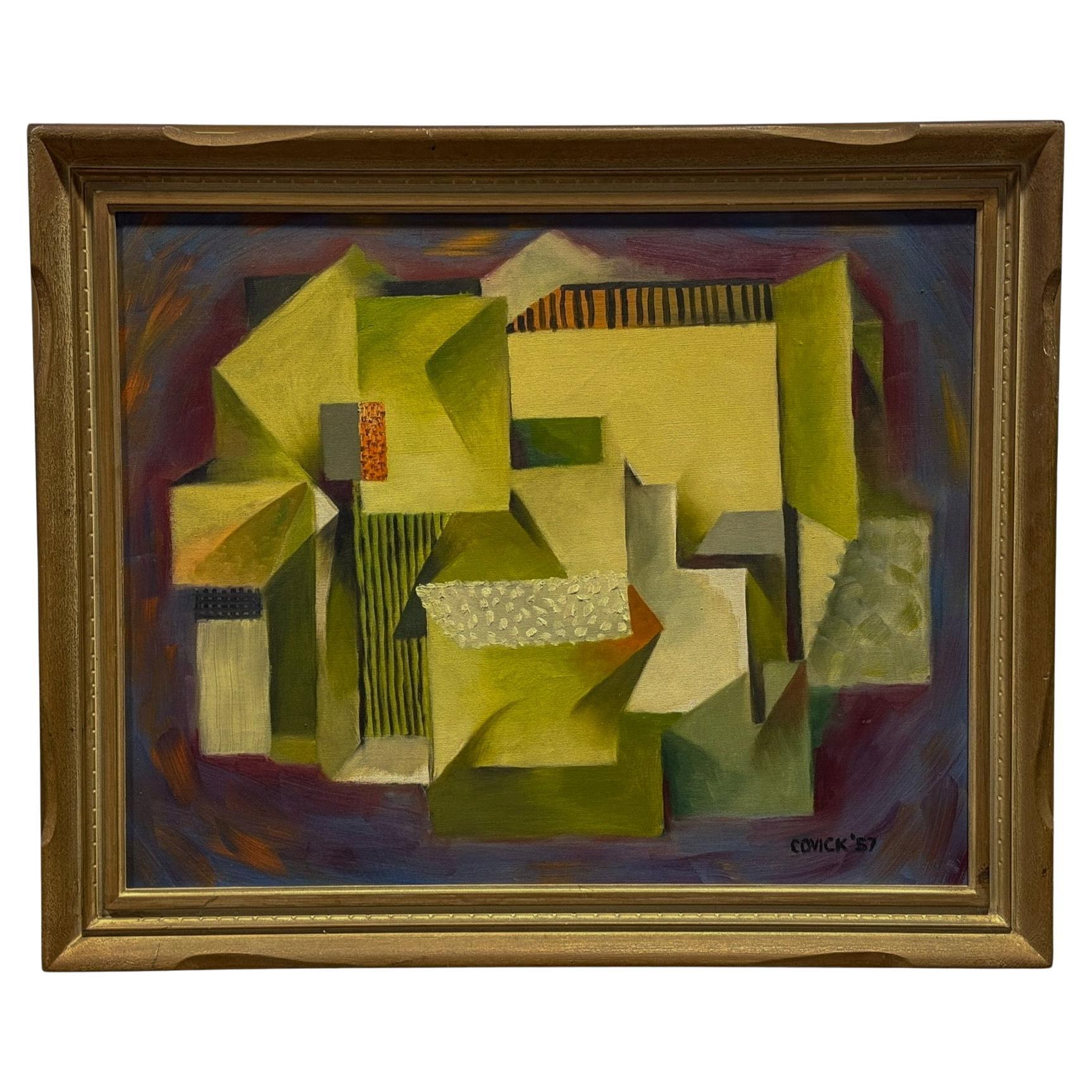 Es handelt sich um ein kubistisch-modernes abstraktes Ölgemälde aus der Mitte des Jahrhunderts, das auf das Jahr 1957 datiert ist. Der Nachname des Künstlers ist Covick. Die geometrischen Elemente sind in Birnengrün auf einem auberginefarbenen