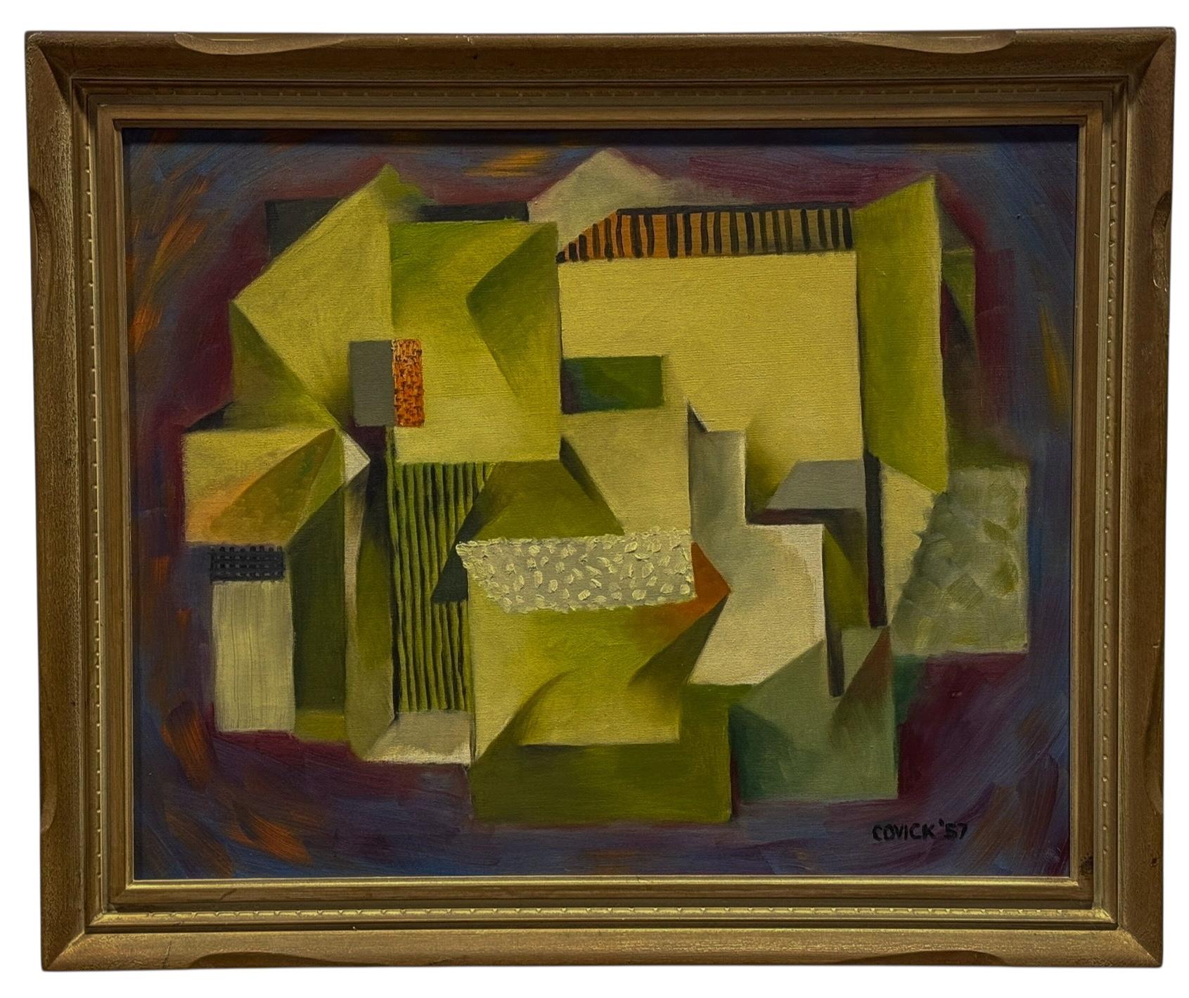 Kubistisches abstraktes gerahmtes, signiertes Ölgemälde auf Leinwand, vergoldetes Holz, Mid-Century Modern (Moderne der Mitte des Jahrhunderts) im Angebot