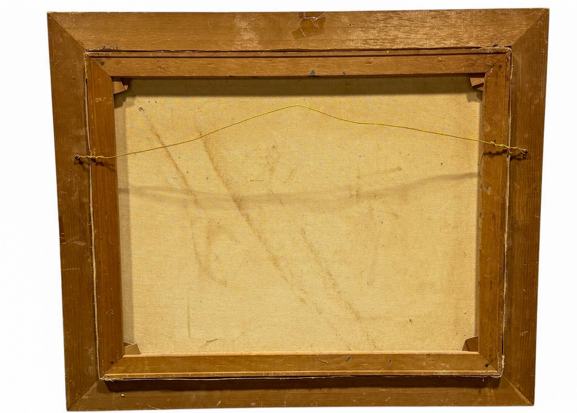 Kubistisches abstraktes gerahmtes, signiertes Ölgemälde auf Leinwand, vergoldetes Holz, Mid-Century Modern (20. Jahrhundert) im Angebot