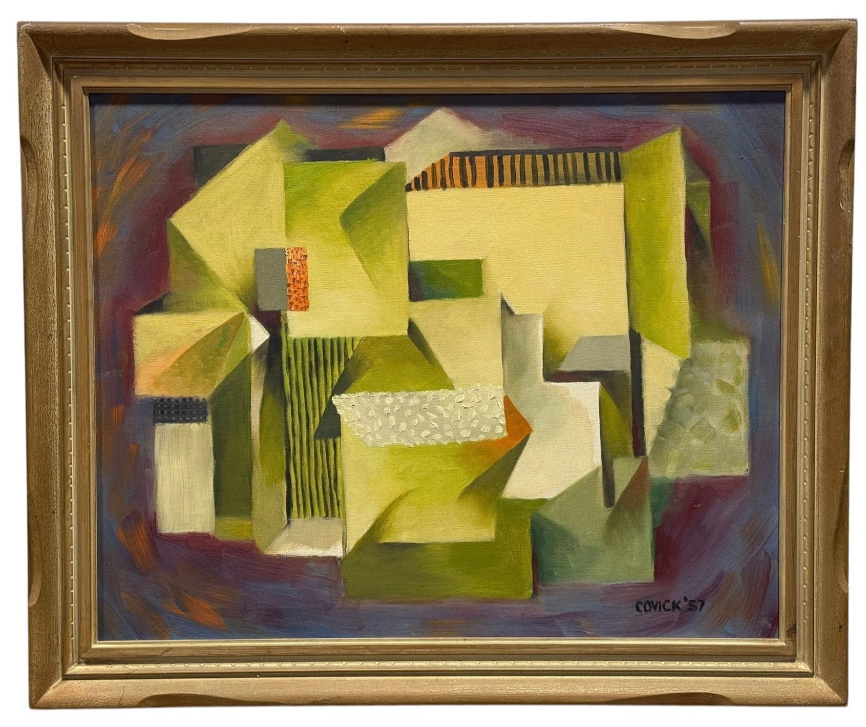 Kubistisches abstraktes gerahmtes, signiertes Ölgemälde auf Leinwand, vergoldetes Holz, Mid-Century Modern im Angebot 1