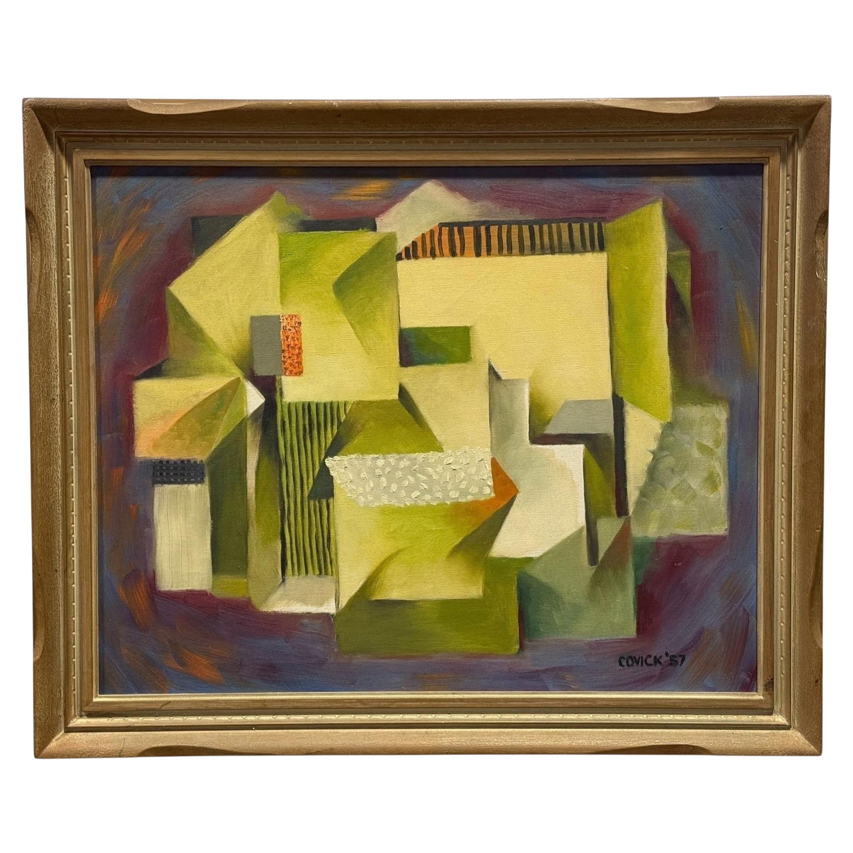 Olio su tela cubista astratto di Giltwood, incorniciato e firmato, della metà del secolo scorso