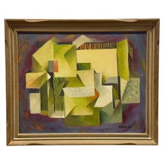 Óleo sobre lienzo cubista abstracto de mediados de siglo moderno en madera de gilt enmarcado y firmado