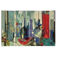 Mid-century Modern Cubist Abstract Still Life Painting on Canvas
