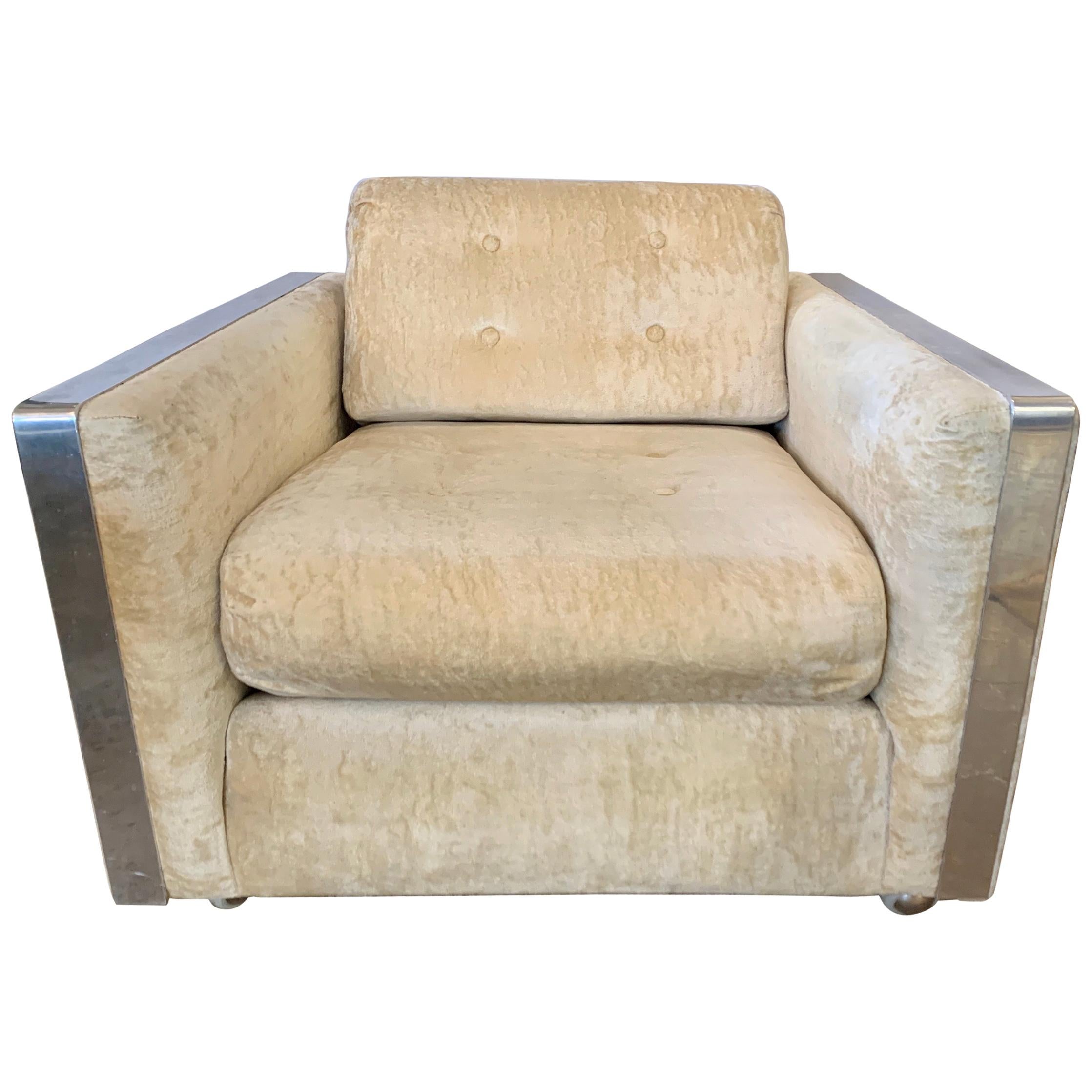 Mid-Century Modern Cubist Chrome and Velvet Fabric Lounge Chair