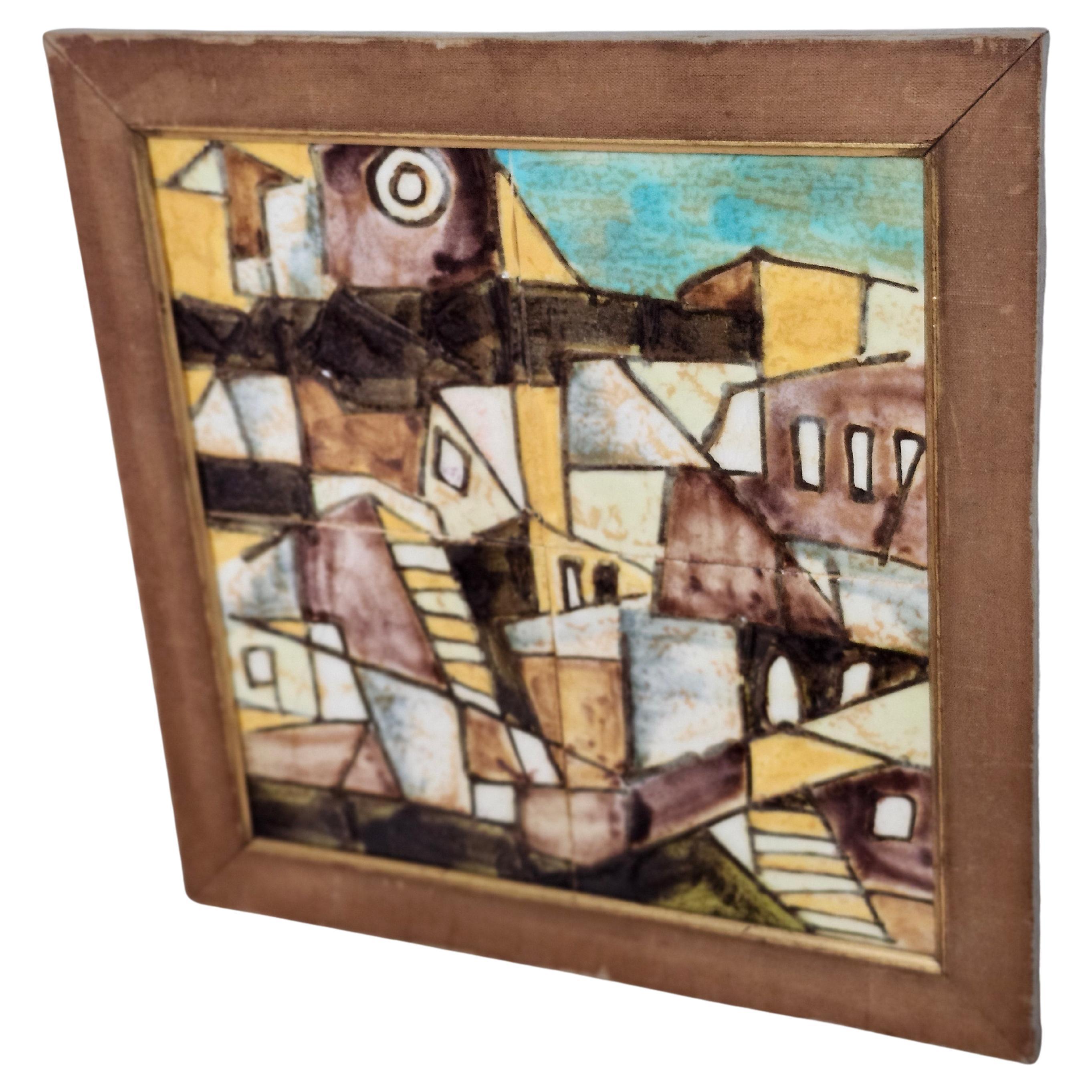 Fabulous Mediterranean Village scene in a Cubist manner on 4 tiles by Harris Strong. Beautiful artistic design and coloring depicting buildings with stairs and windows in an abstract manner. Beautiful work of art in what appears to be the original