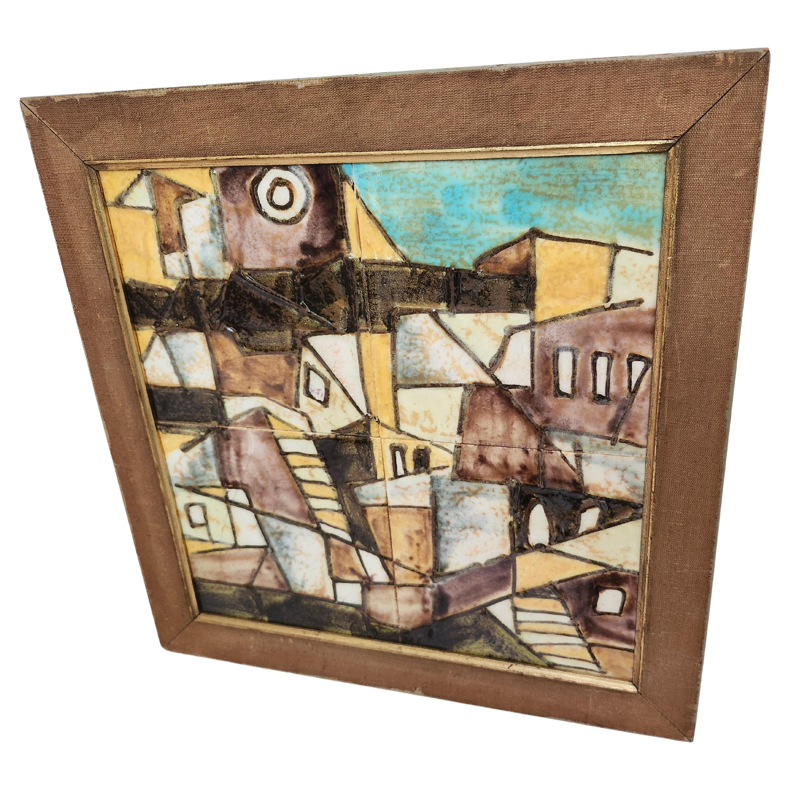 Mid-Century Modern Mid Century Modern Cubist Mediterranean Village Scene in Tile by Harris Strong For Sale