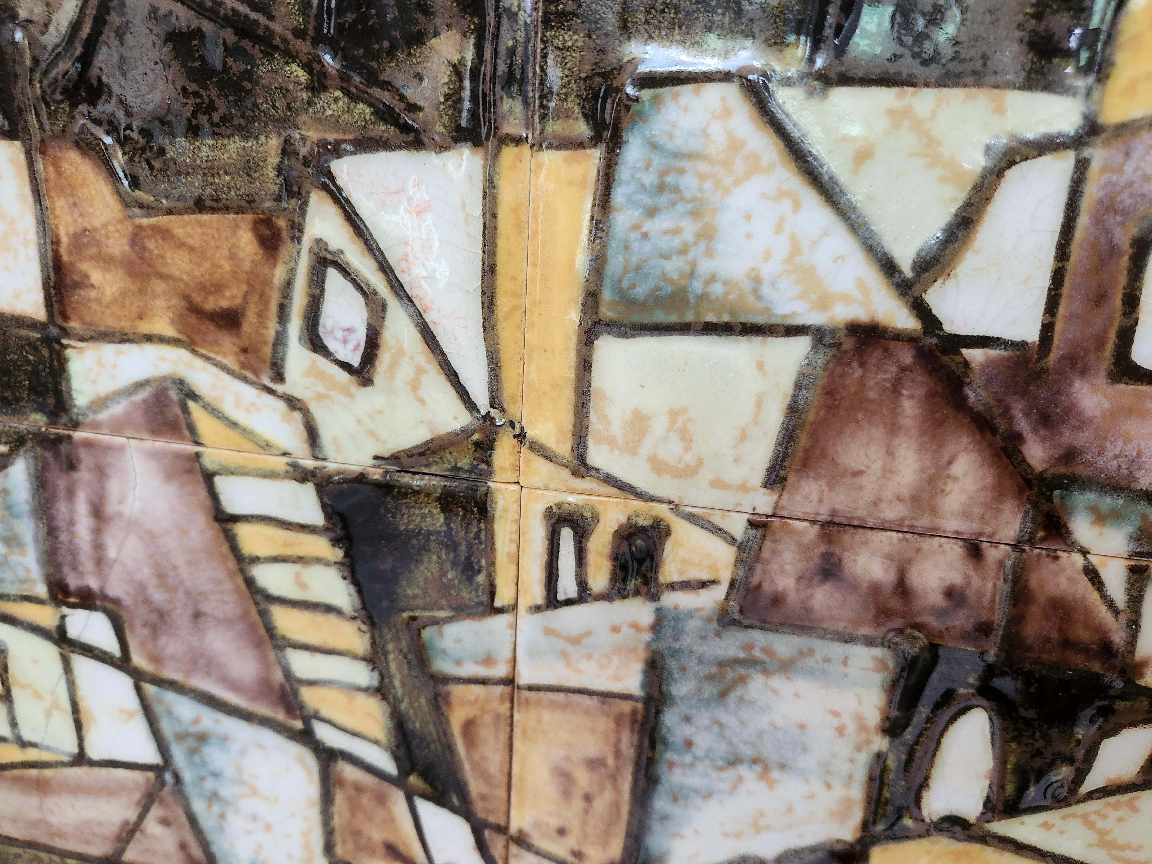 American Mid Century Modern Cubist Mediterranean Village Scene in Tile by Harris Strong For Sale