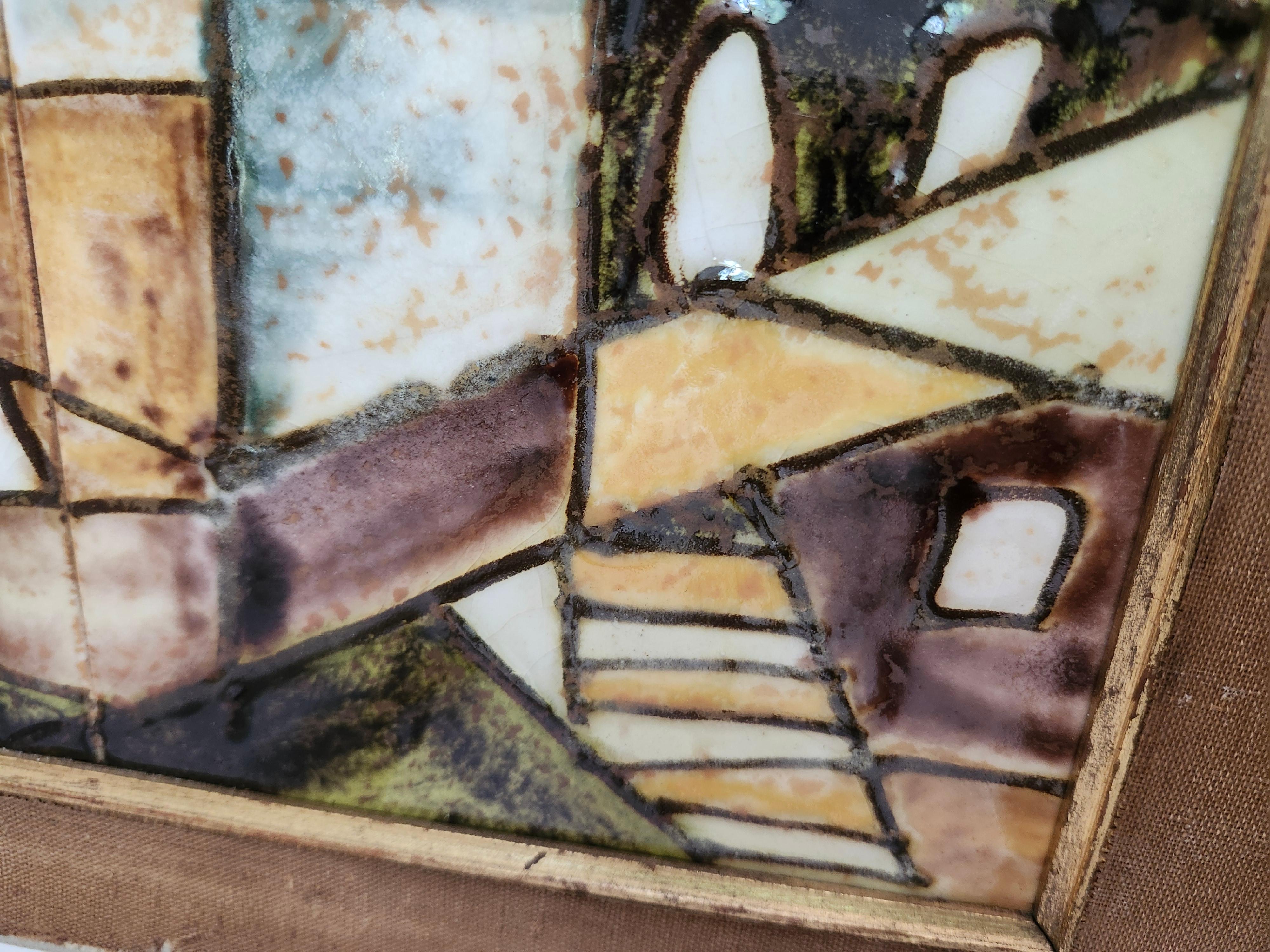 Fired Mid Century Modern Cubist Mediterranean Village Scene in Tile by Harris Strong For Sale