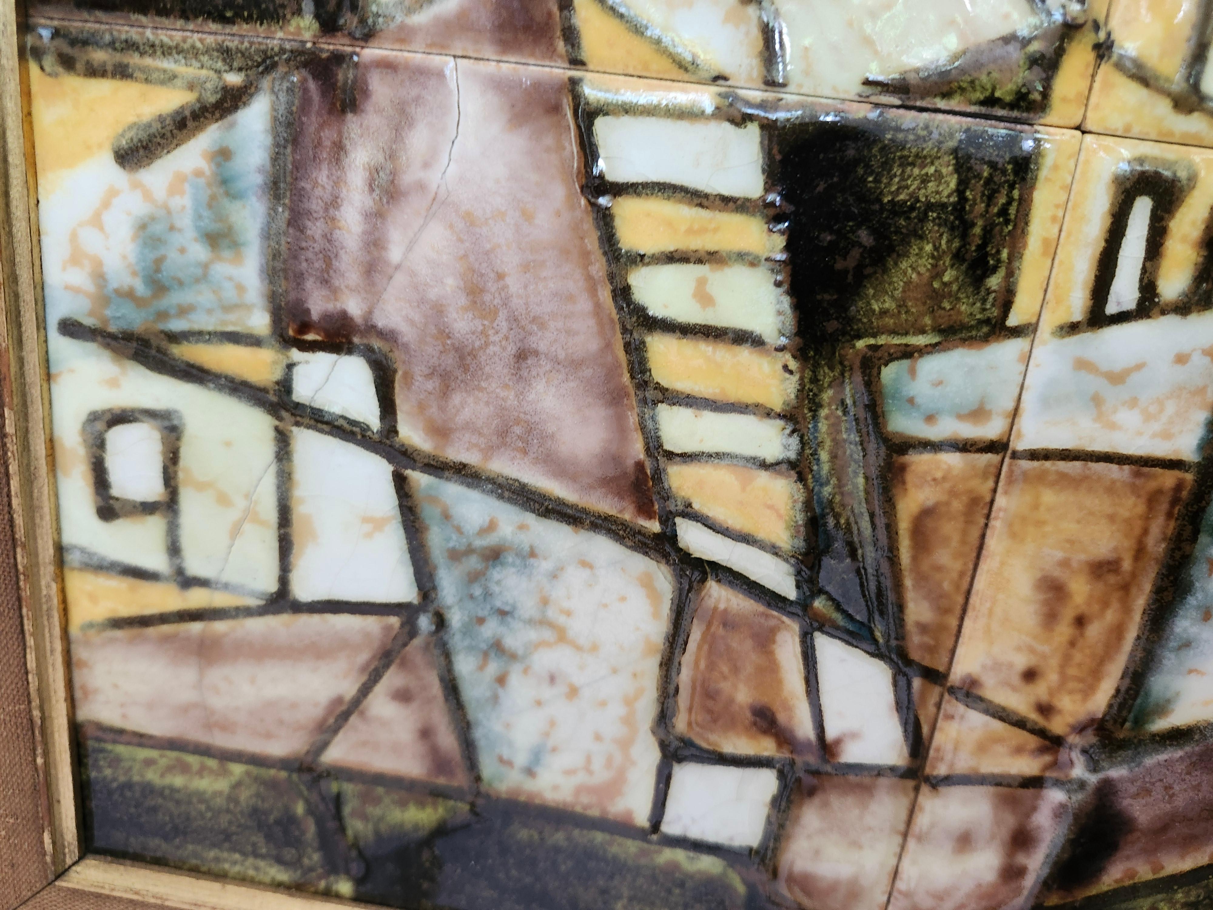 Ceramic Mid Century Modern Cubist Mediterranean Village Scene in Tile by Harris Strong For Sale